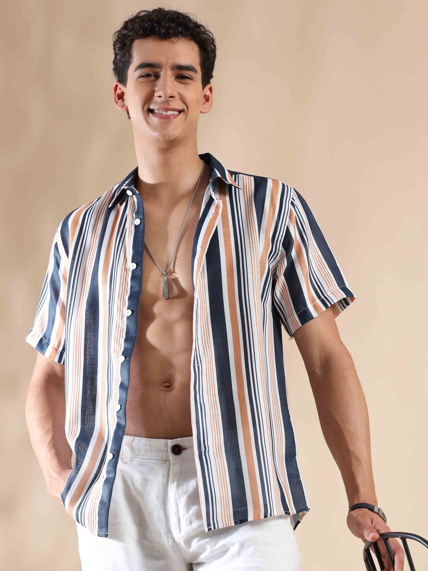 Blue Breeze, Peachy Gleam Stripes Cotton Shirt