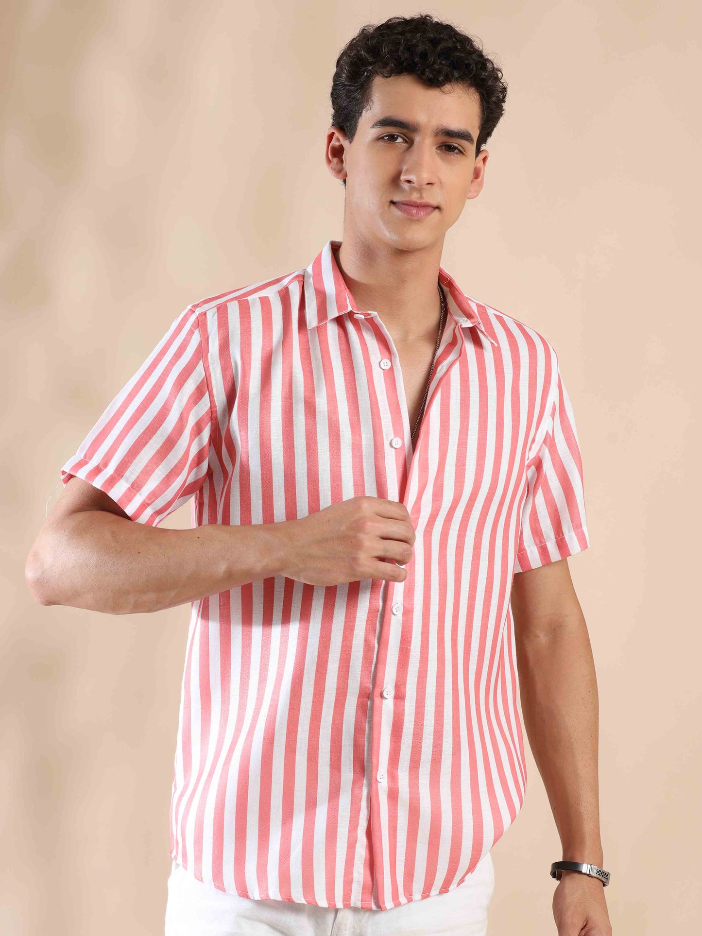 Summer Salmon Stripes Cotton Shirt