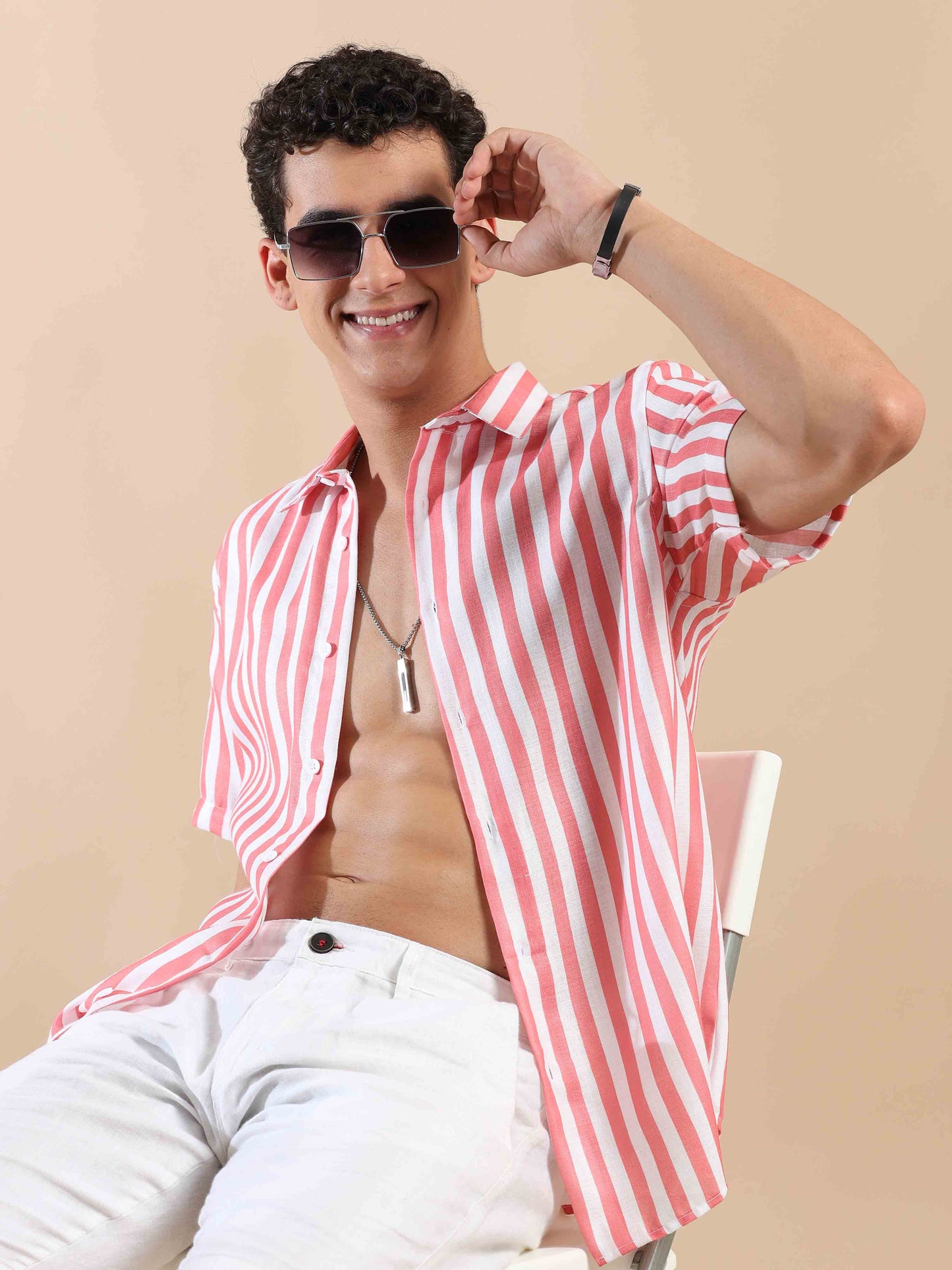 Summer Salmon Stripes Cotton Shirt