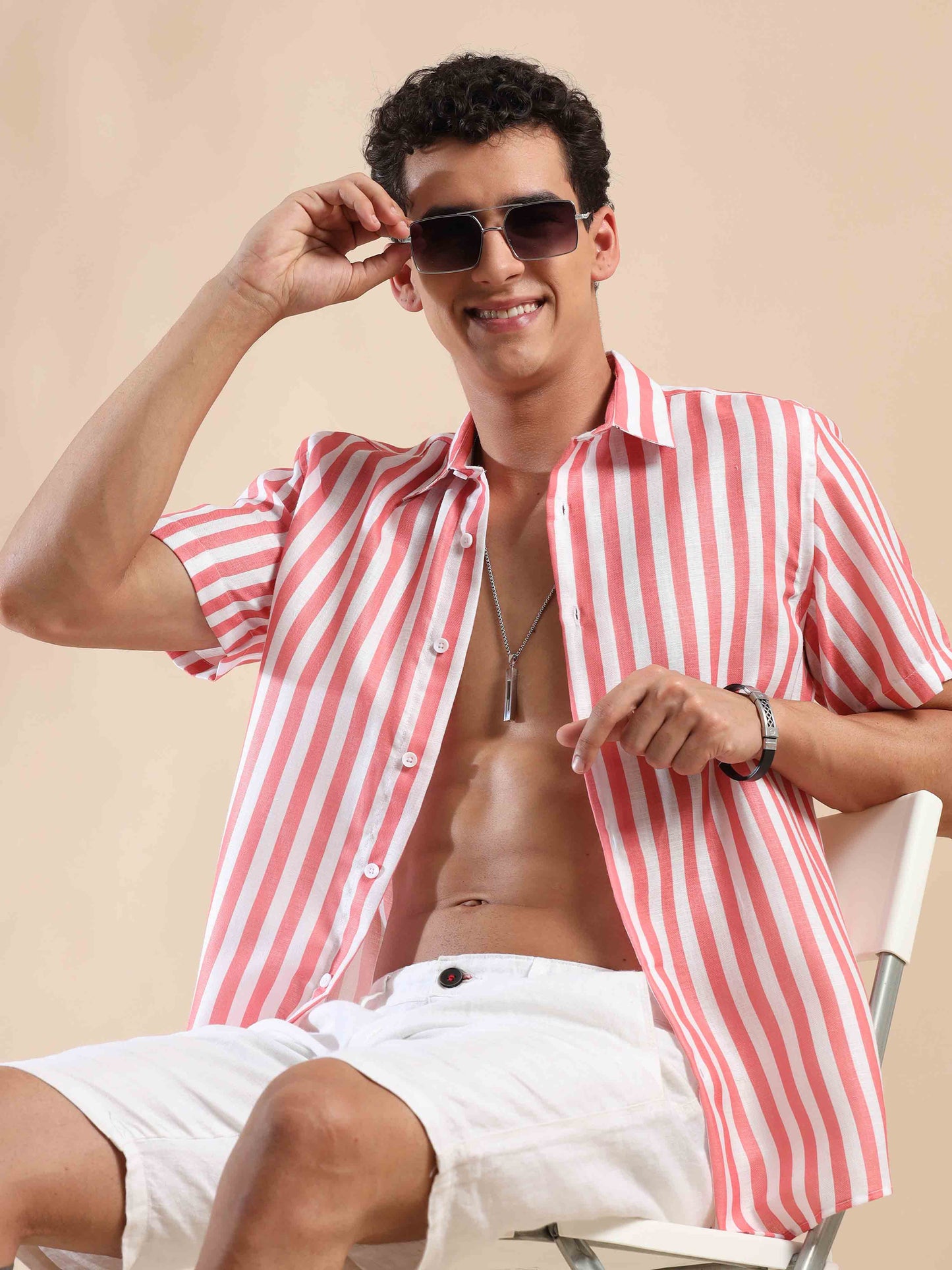 Summer Salmon Stripes Cotton Shirt