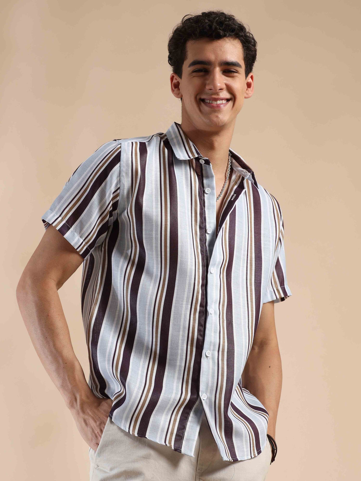Brown Seal Coastal Sunset Stripes Cotton Shirt