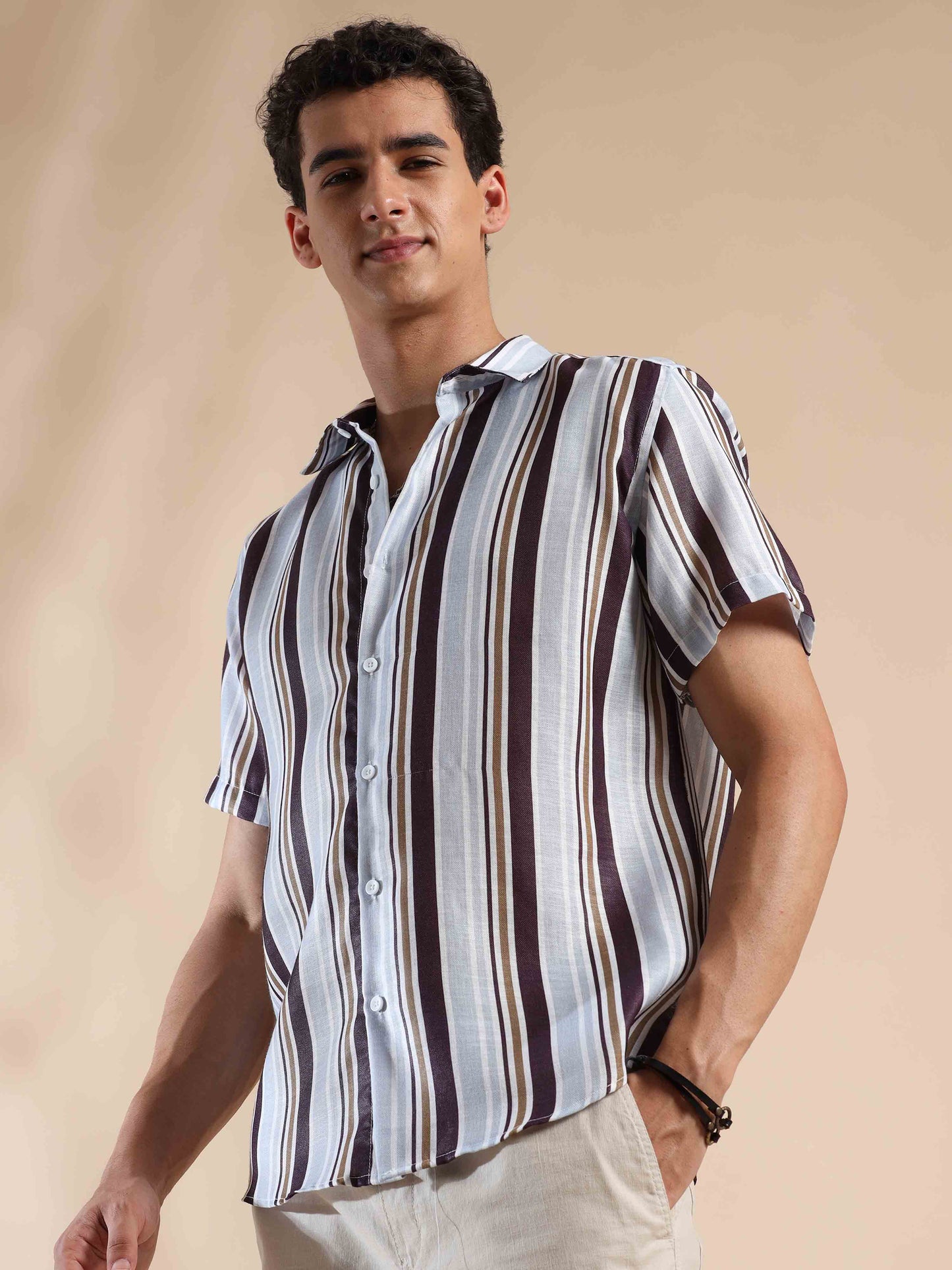Brown Seal Coastal Sunset Stripes Cotton Shirt