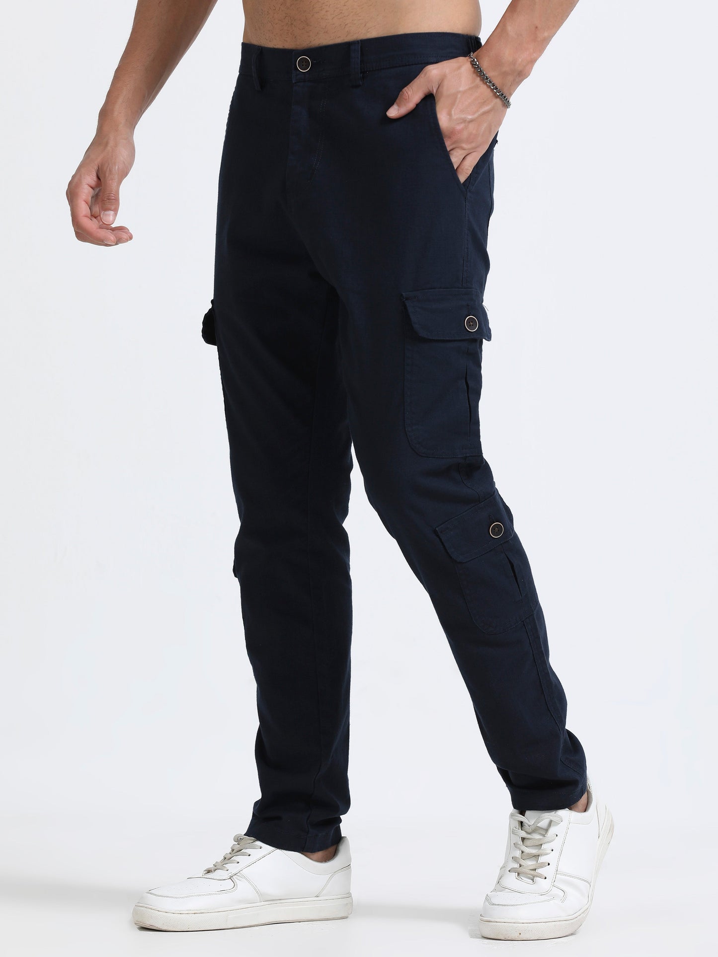 Men Lazy Linen Utility Cargo-Navy