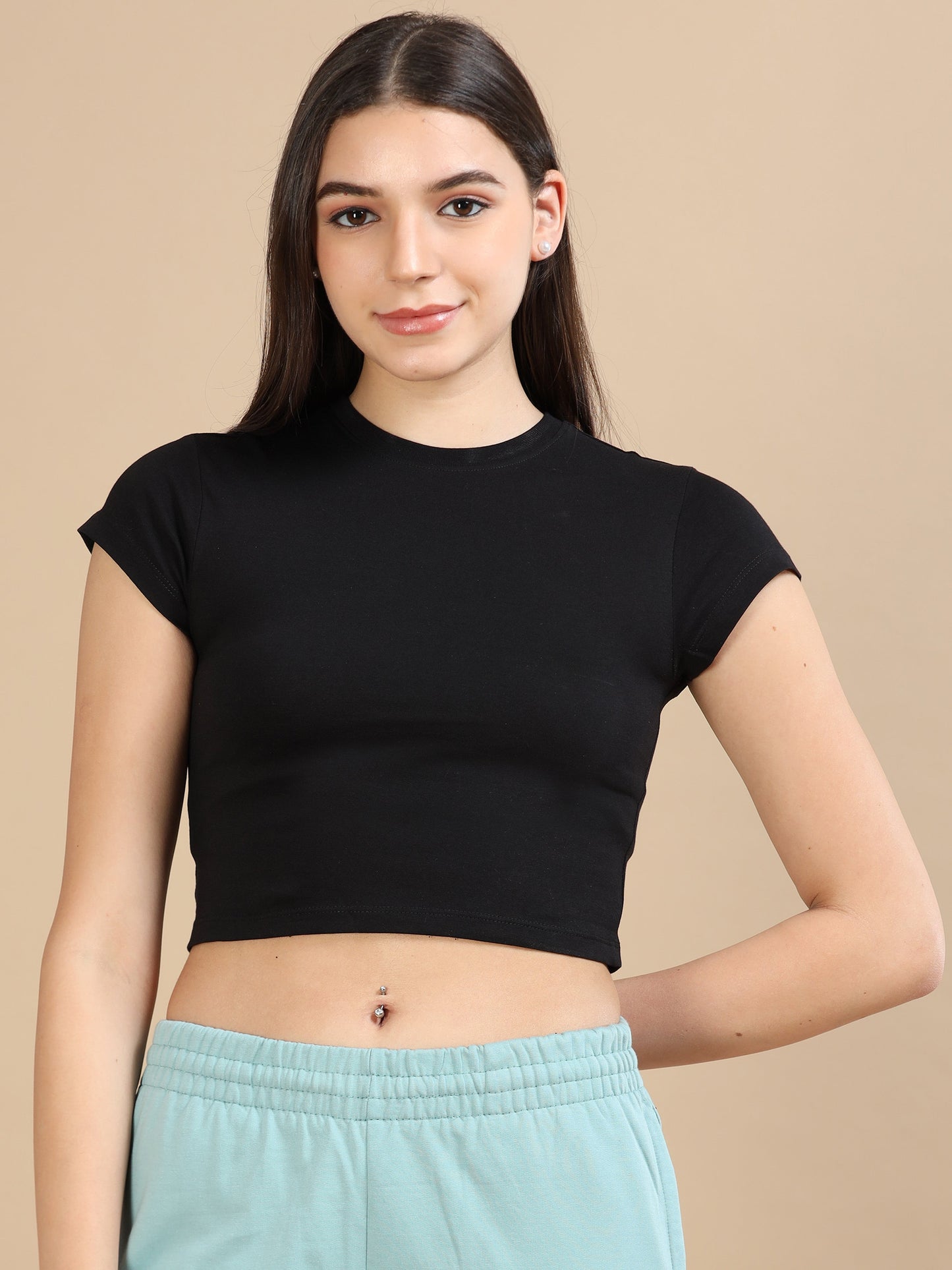 Women Crew Neck Crop Tee - Black
