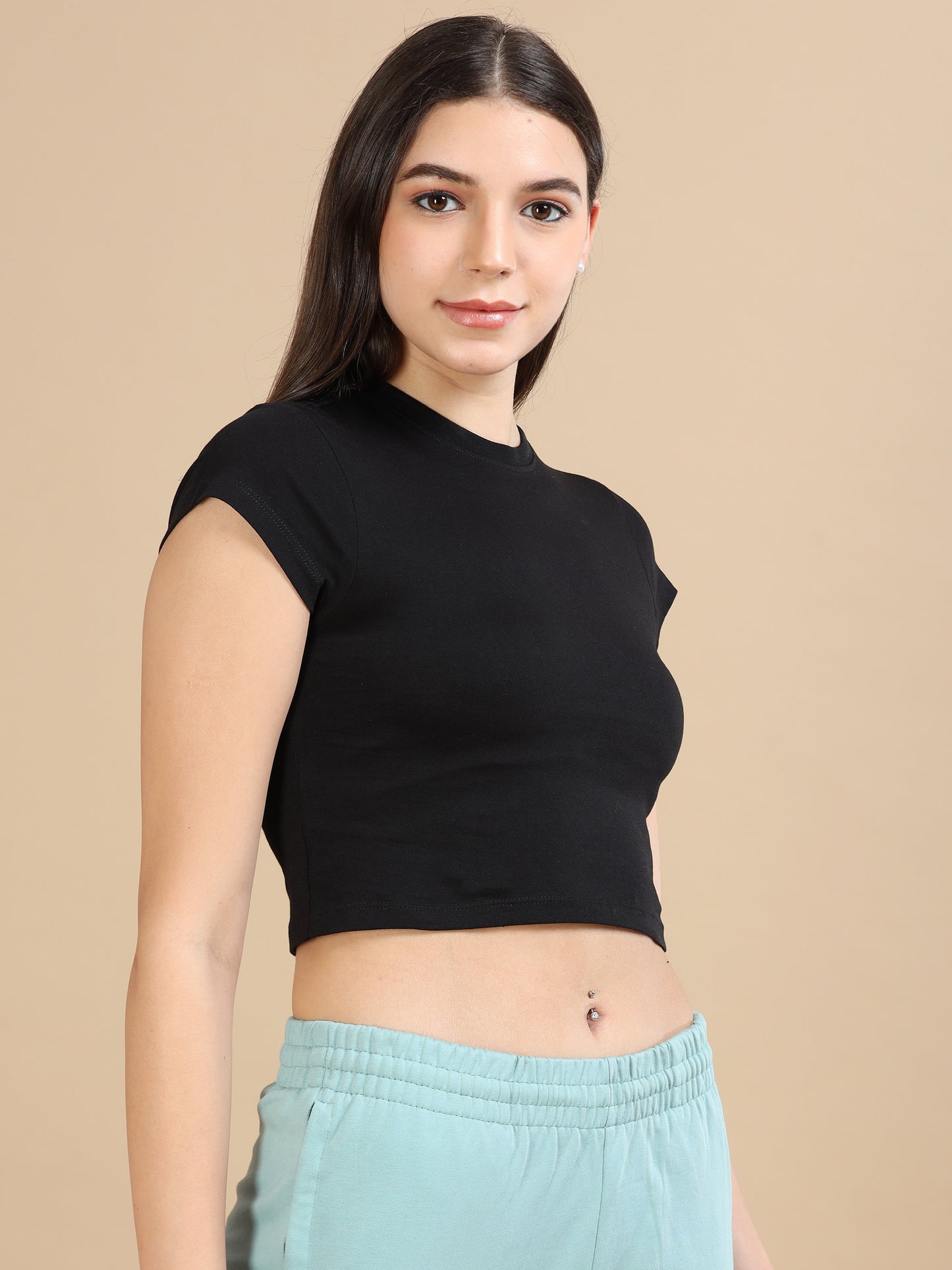Women Crew Neck Crop Tee - Black