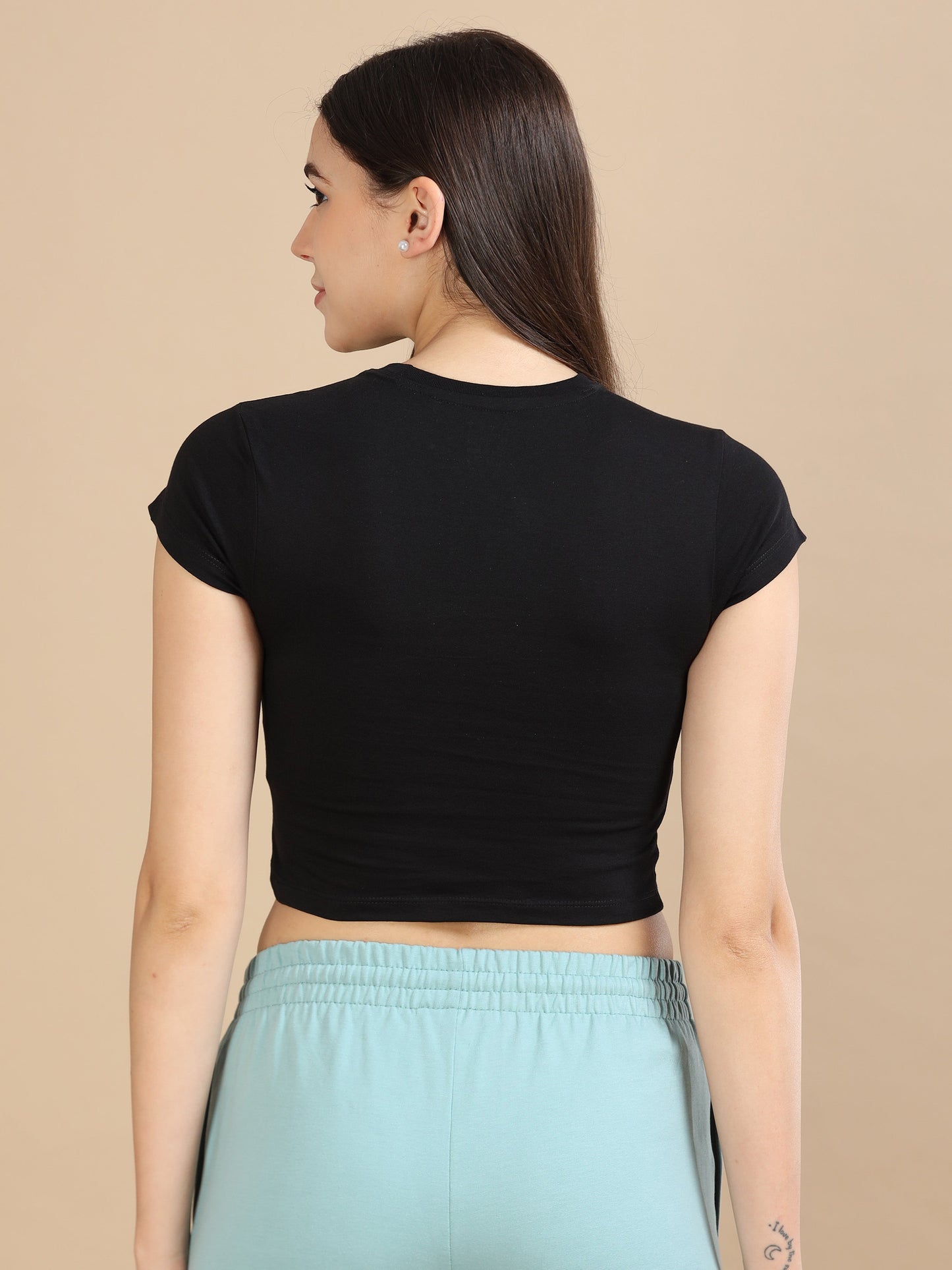 Women Crew Neck Crop Tee - Black