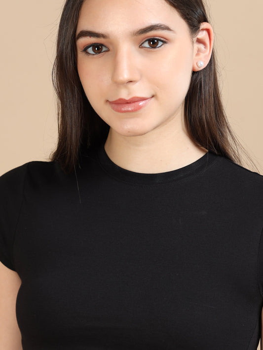Women Crew Neck Crop Tee - Black