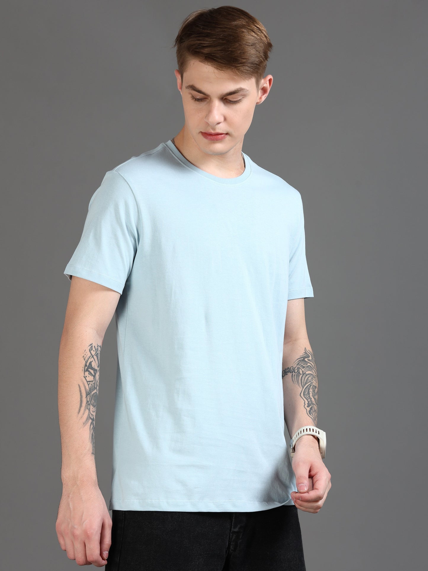 Crew Neck Men Solid T-Shirt - SkyBlue