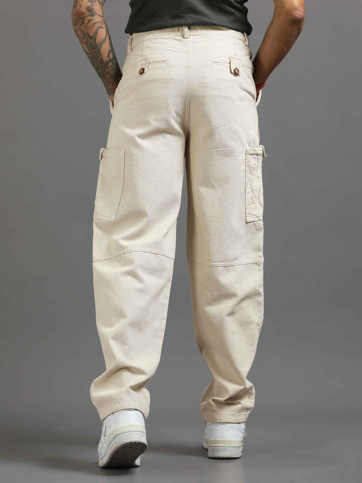 Ecru Pleated Cargo Pant In Cream