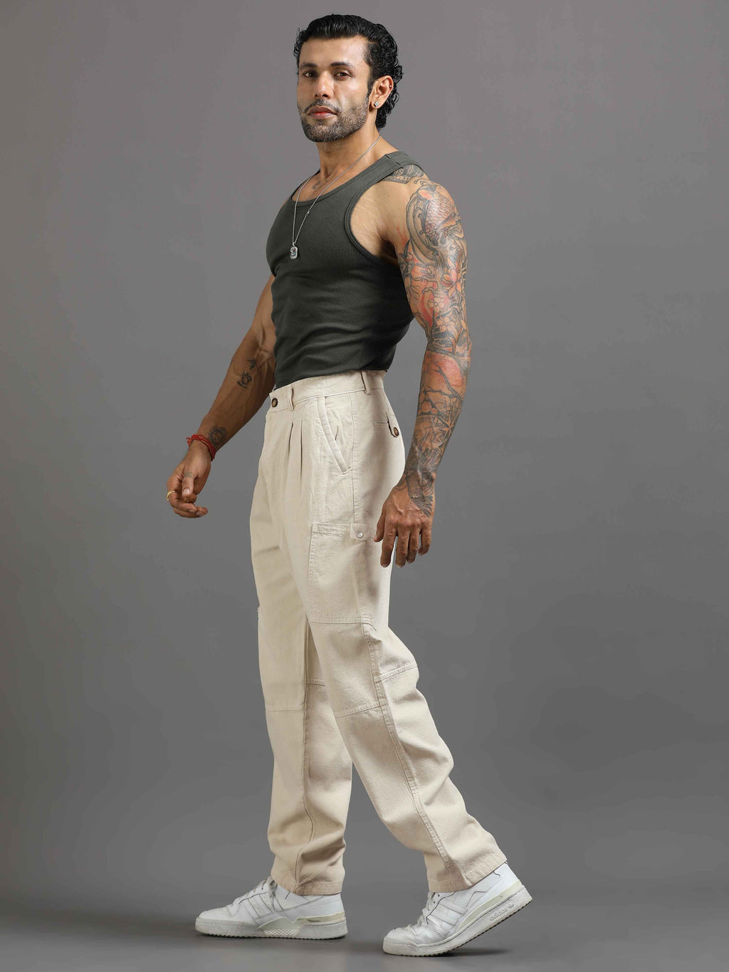Ecru Pleated Cargo Pant In Cream