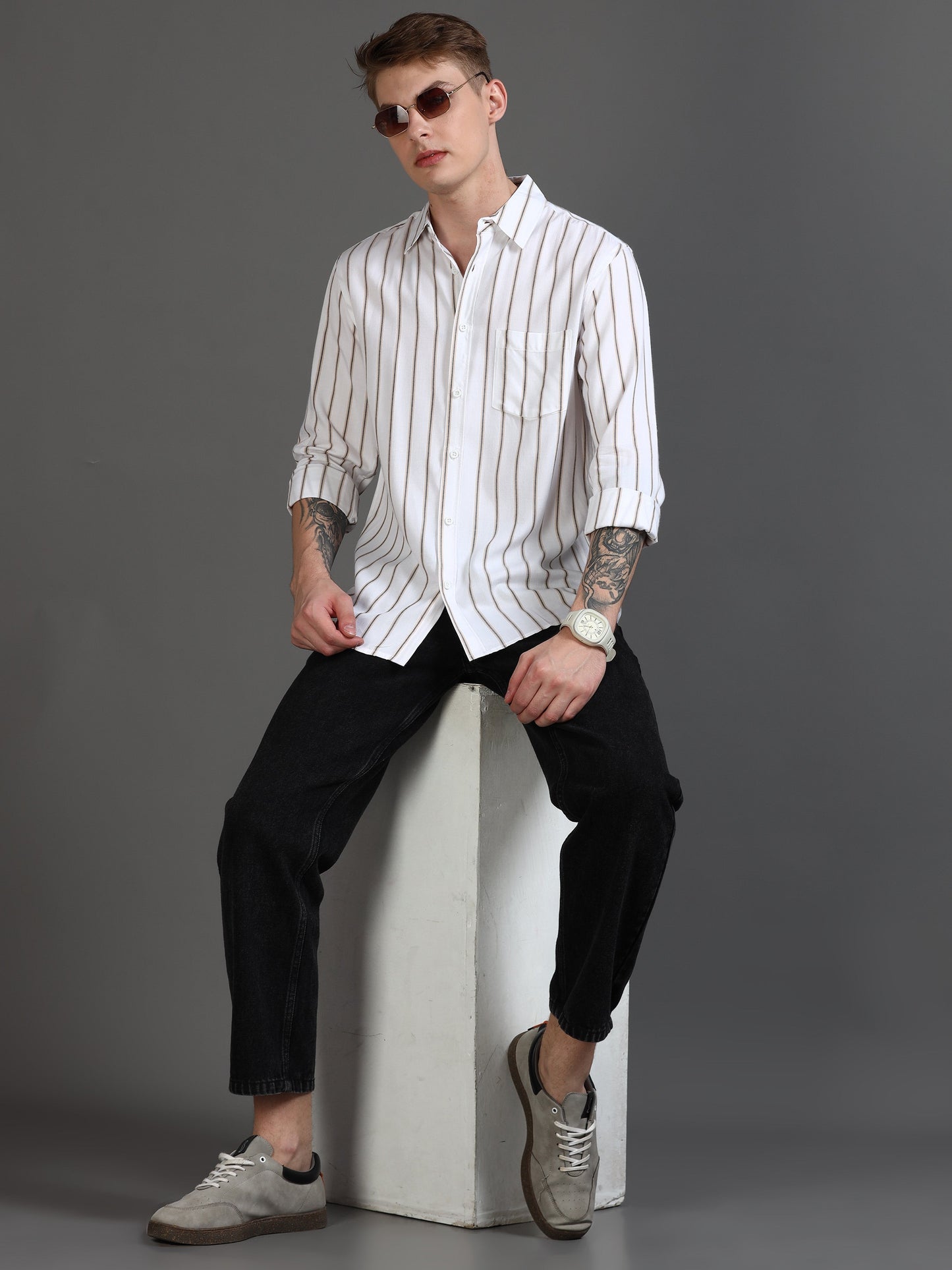 Men Beige & White Stripe Shirt