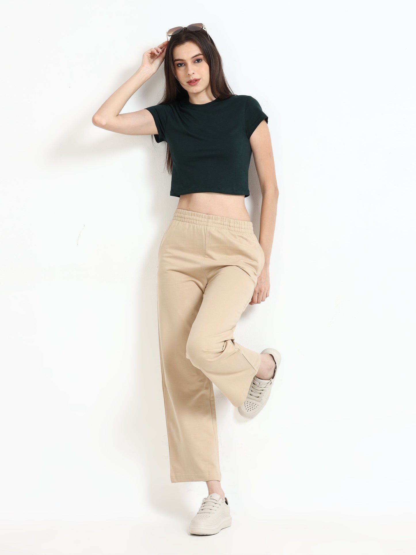 Women Crew Neck Crop Tee - Dark Green