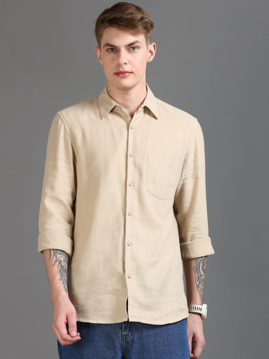 Men Classic Beige Solid Shirt