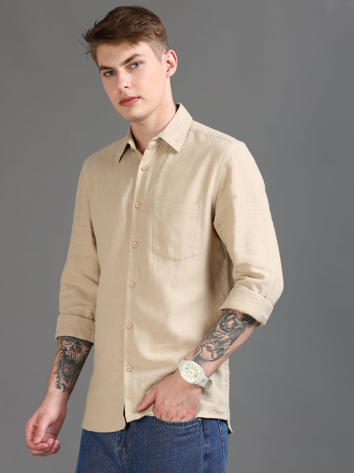 Men Classic Beige Solid Shirt