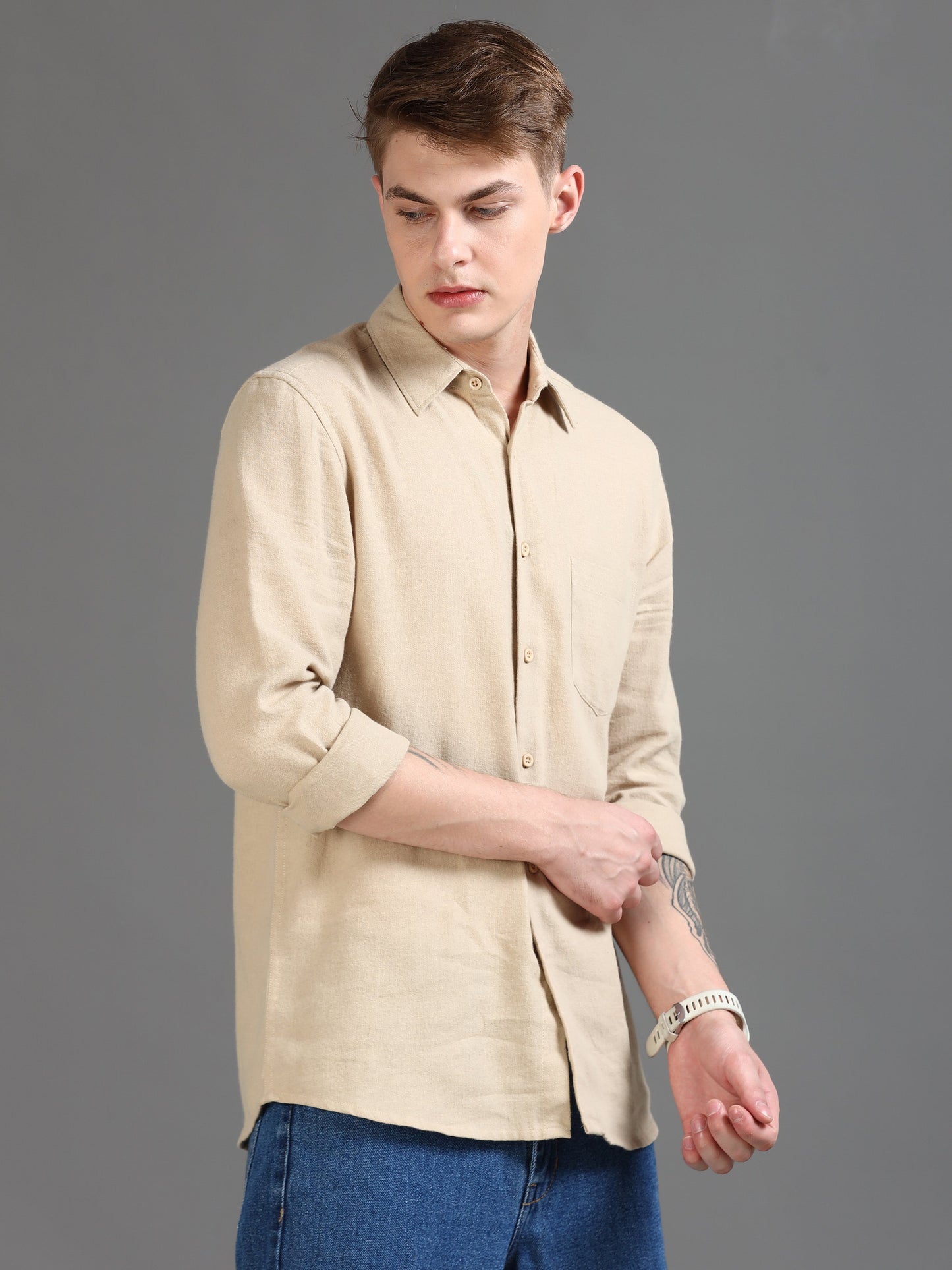 Men Classic Beige Solid Shirt