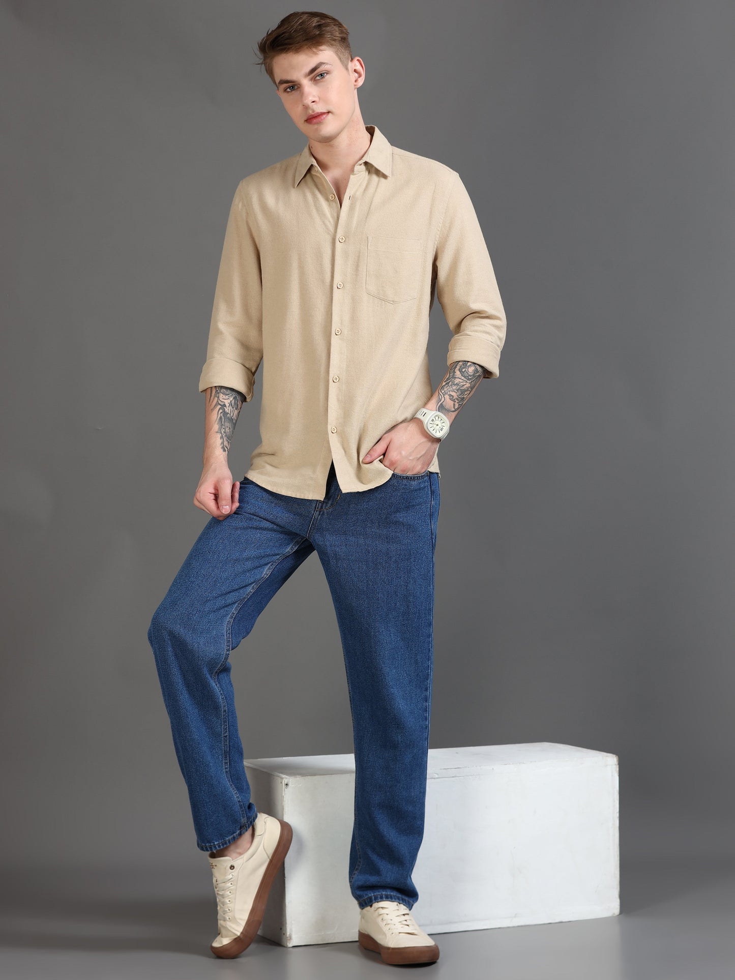 Men Classic Beige Solid Shirt
