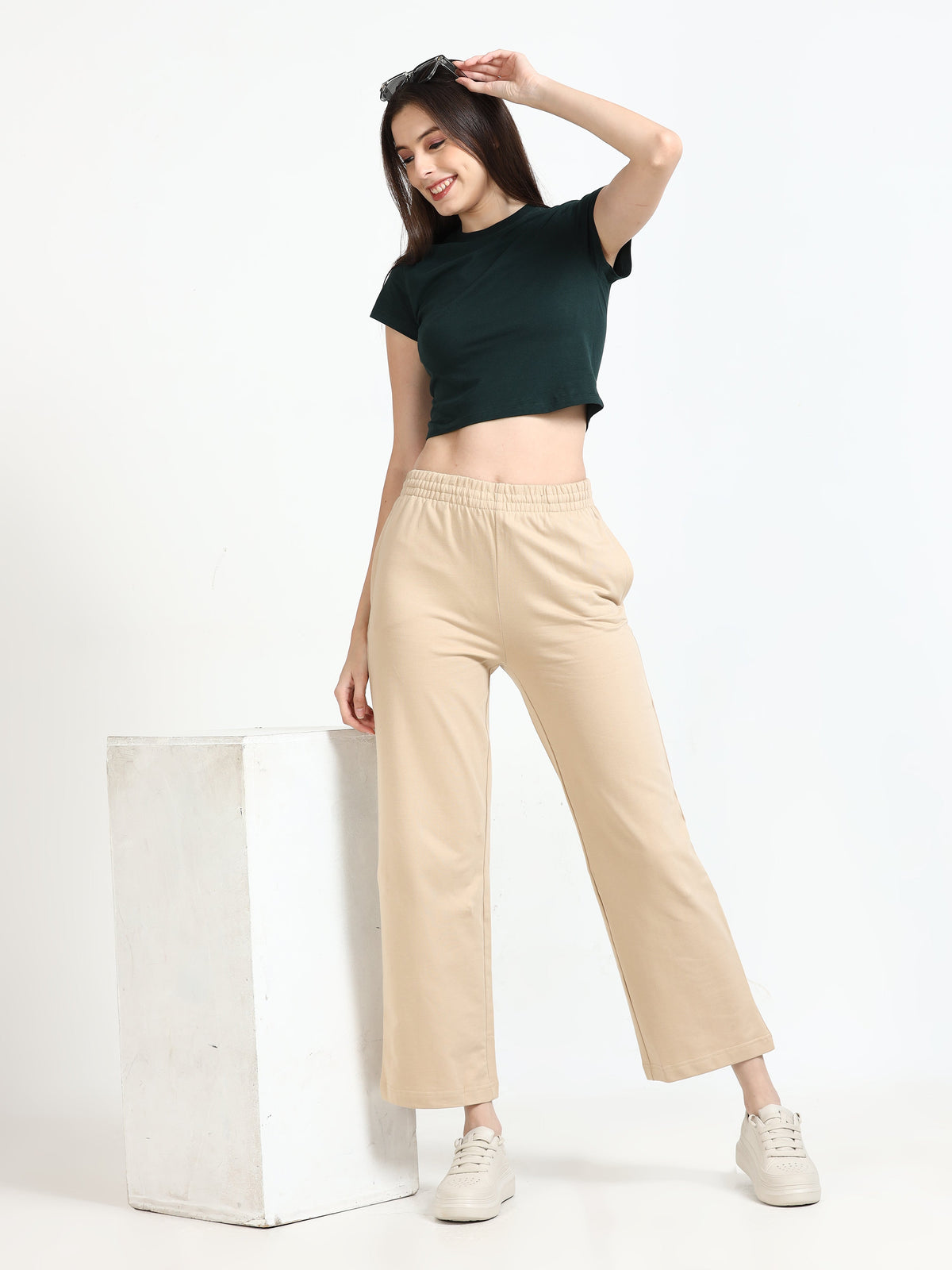 Women High Waist Flared Pant - Beige