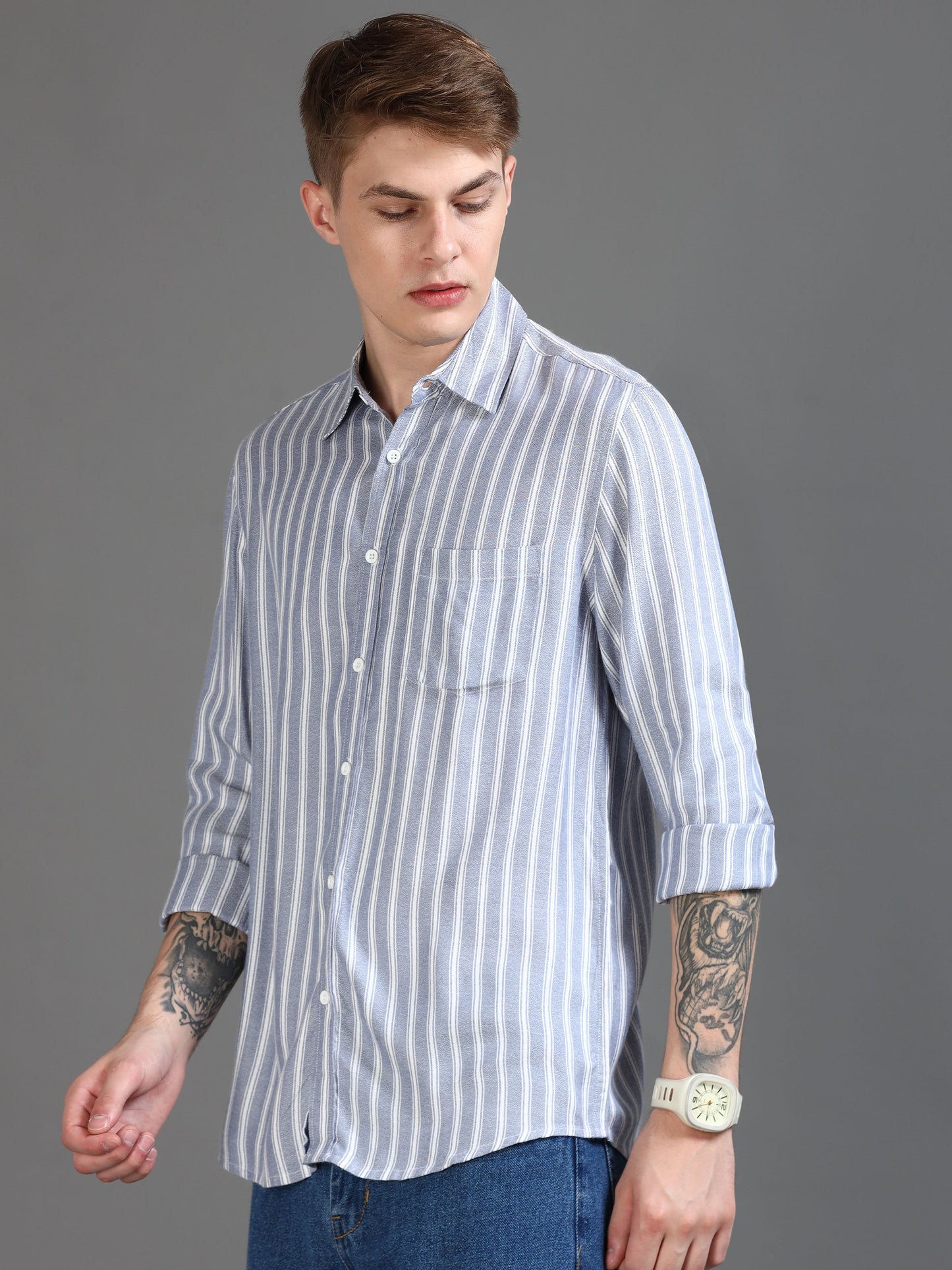 Men Light Blue & White Stripe Shirt