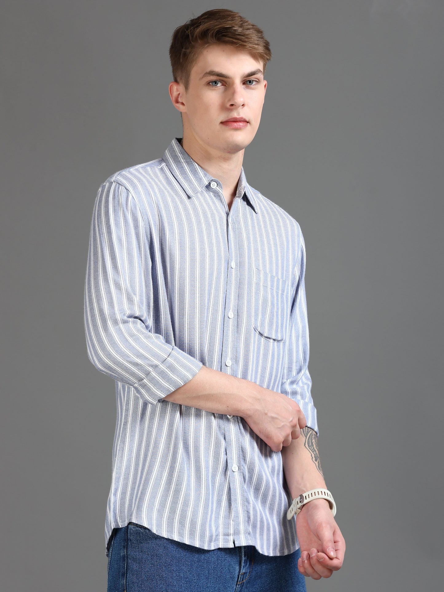 Men Light Blue & White Stripe Shirt