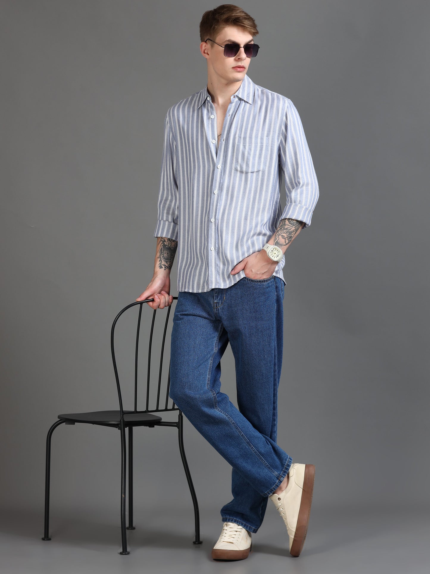Men Light Blue & White Stripe Shirt