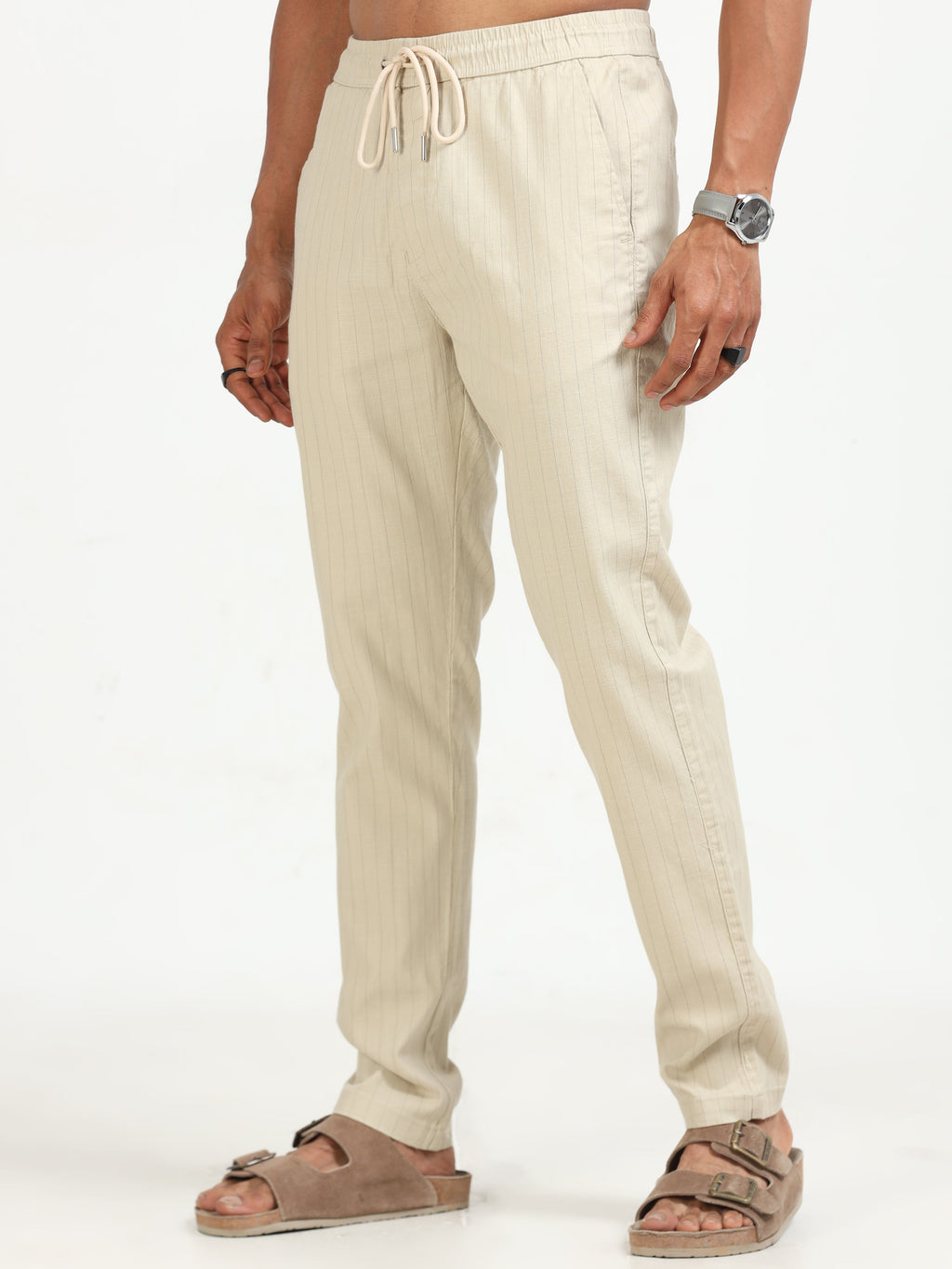Men Air Linen Stripes Pant-Beige