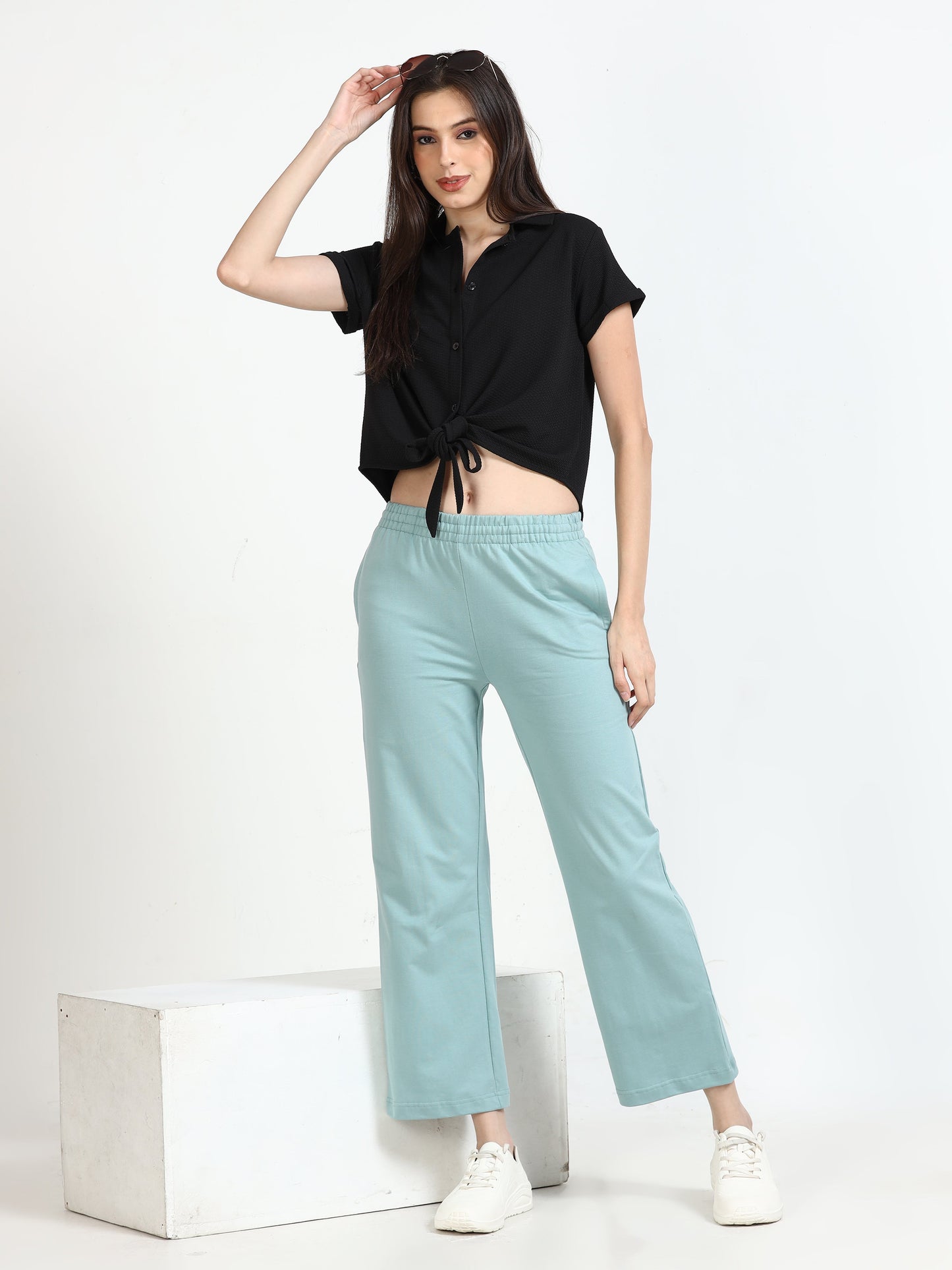 Women High Waist Flared Pant - Sky Blue