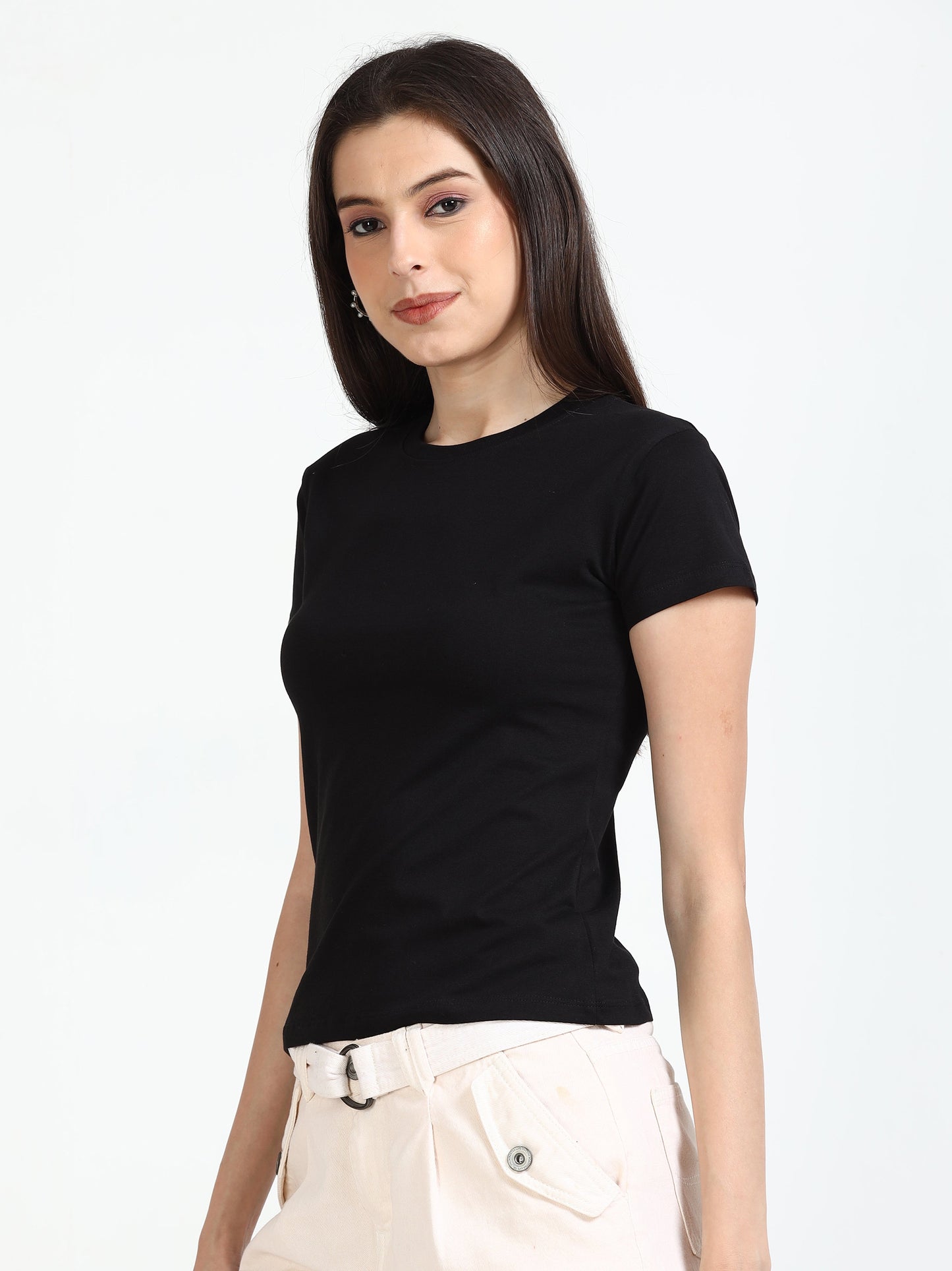 Women Crew Neck Solid Tee - Jet Black
