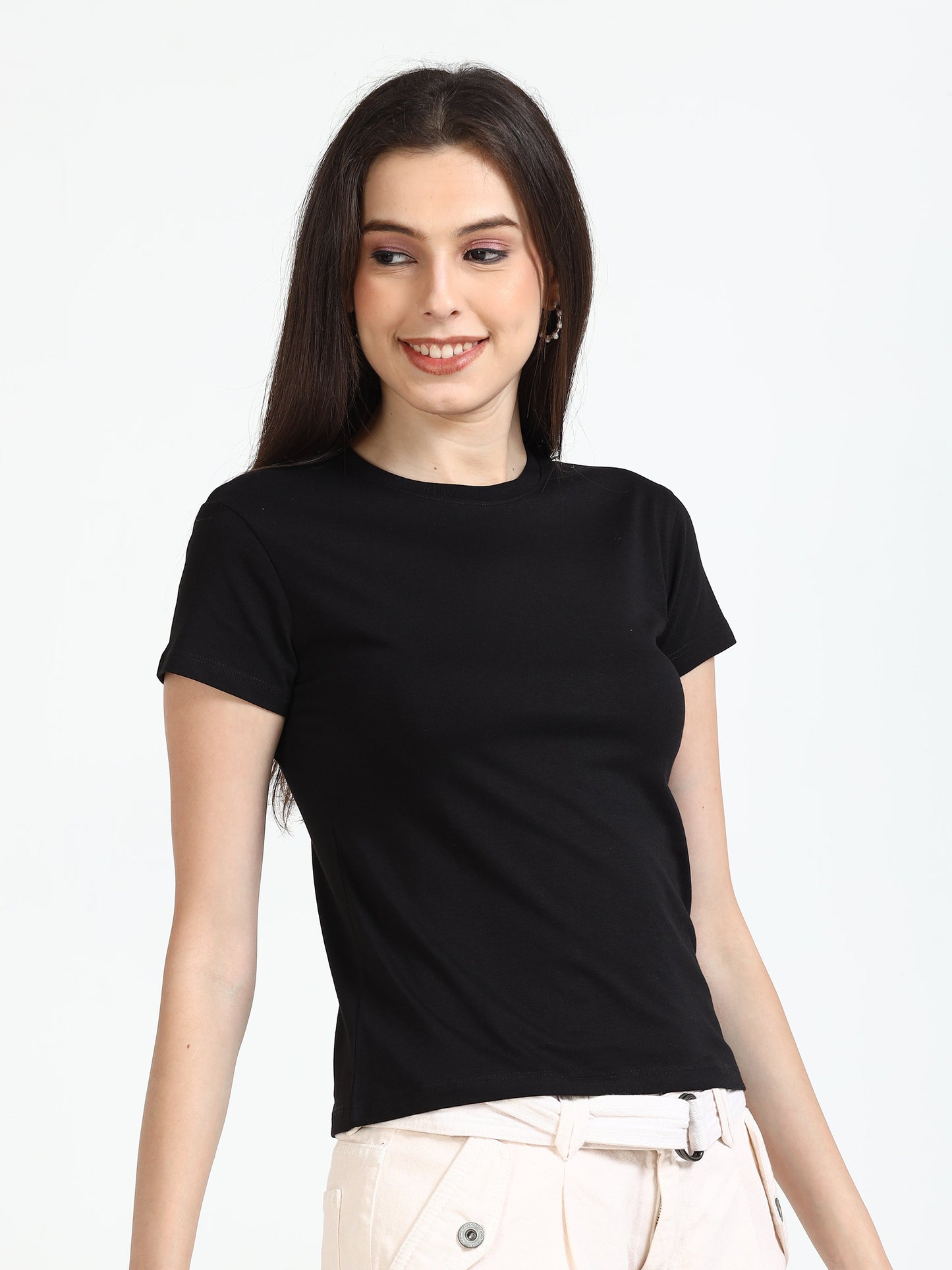 Women Crew Neck Solid Tee - Jet Black