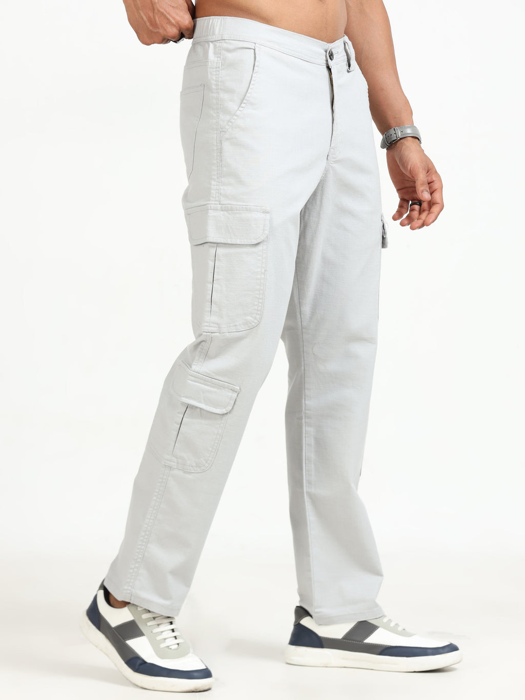 Men Lazy Linen Cargo Trousers-Stone