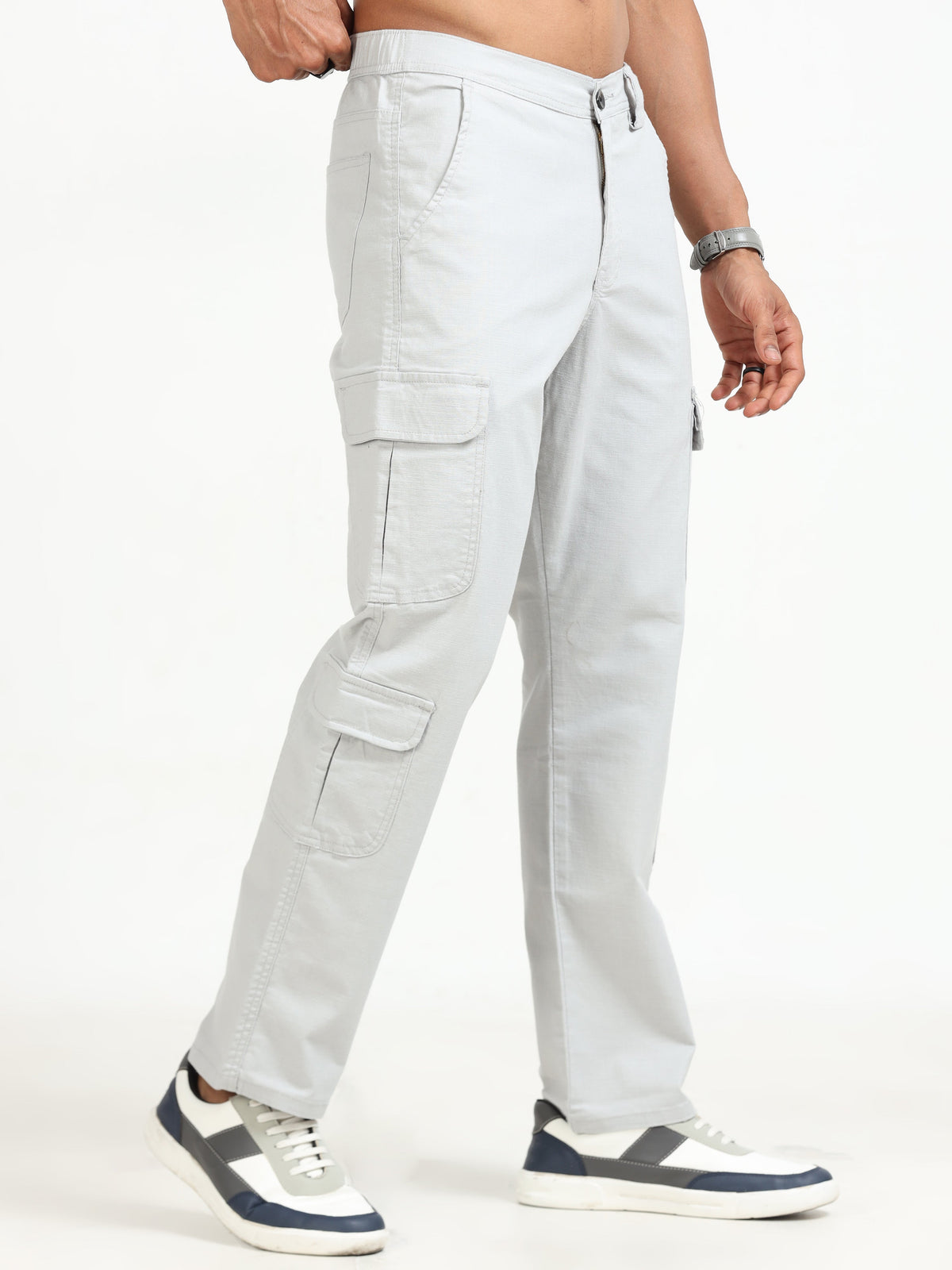 Men Lazy Linen Cargo Trousers-Stone