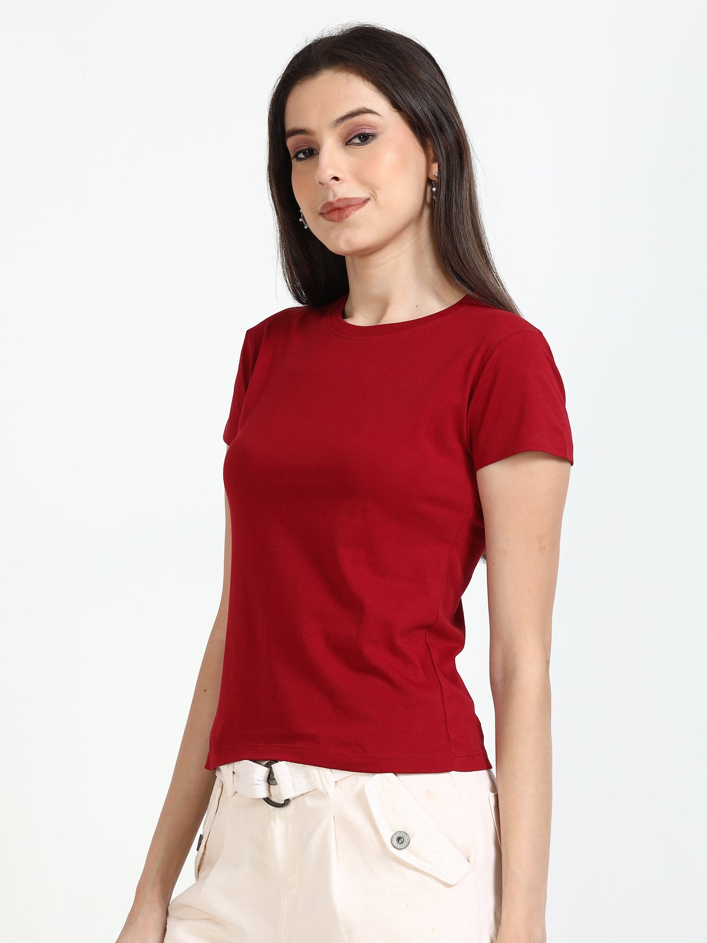 Women Crew Neck Solid Tee - Red