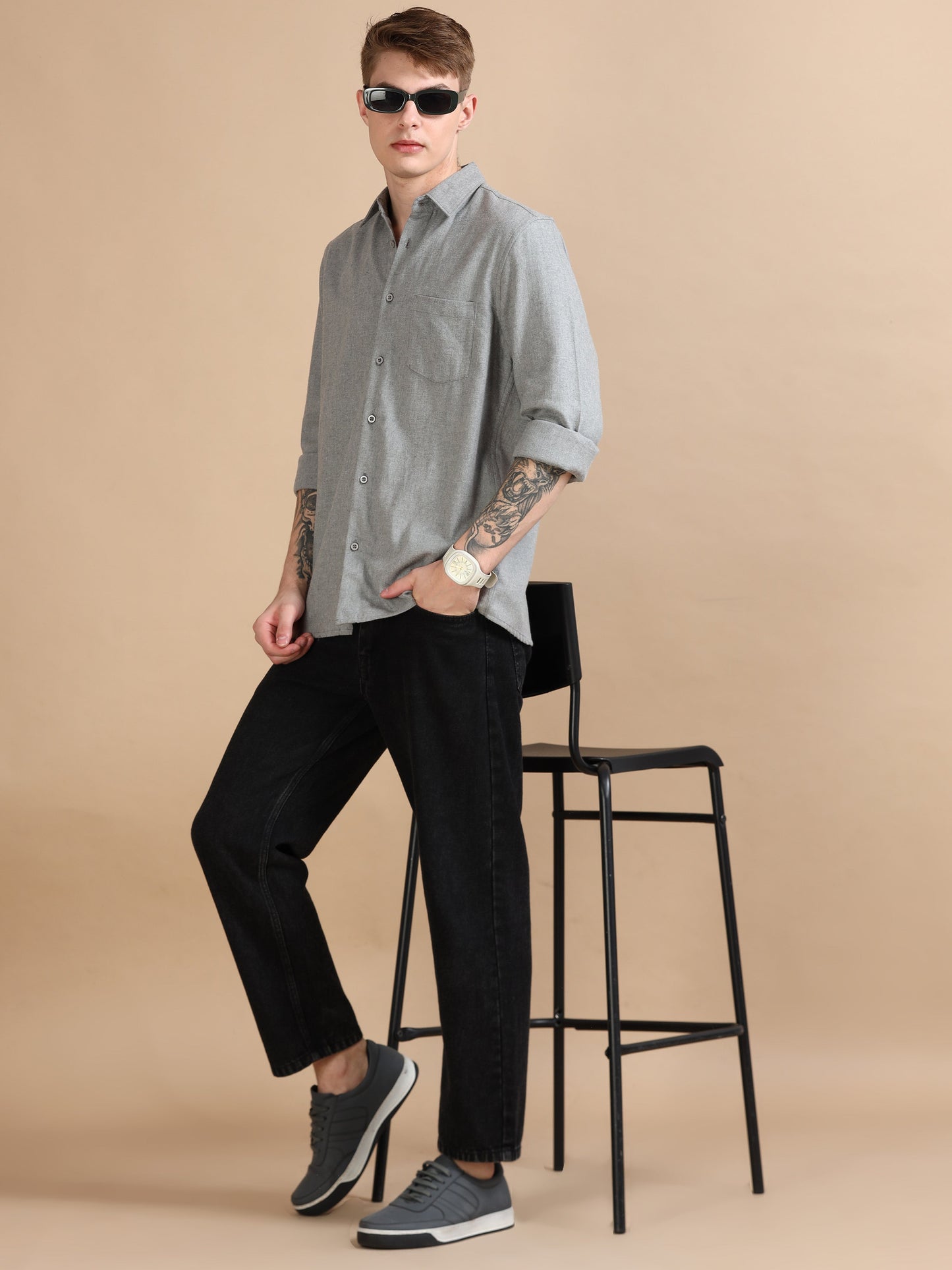 Men Classic Grey Solid Shirt