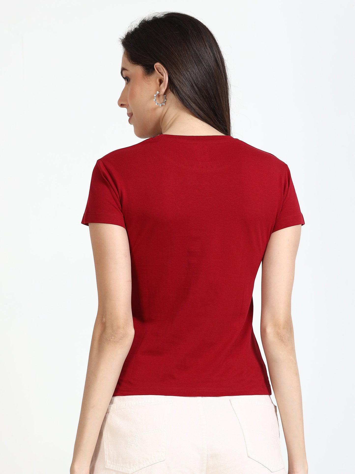 Women Crew Neck Solid Tee - Red