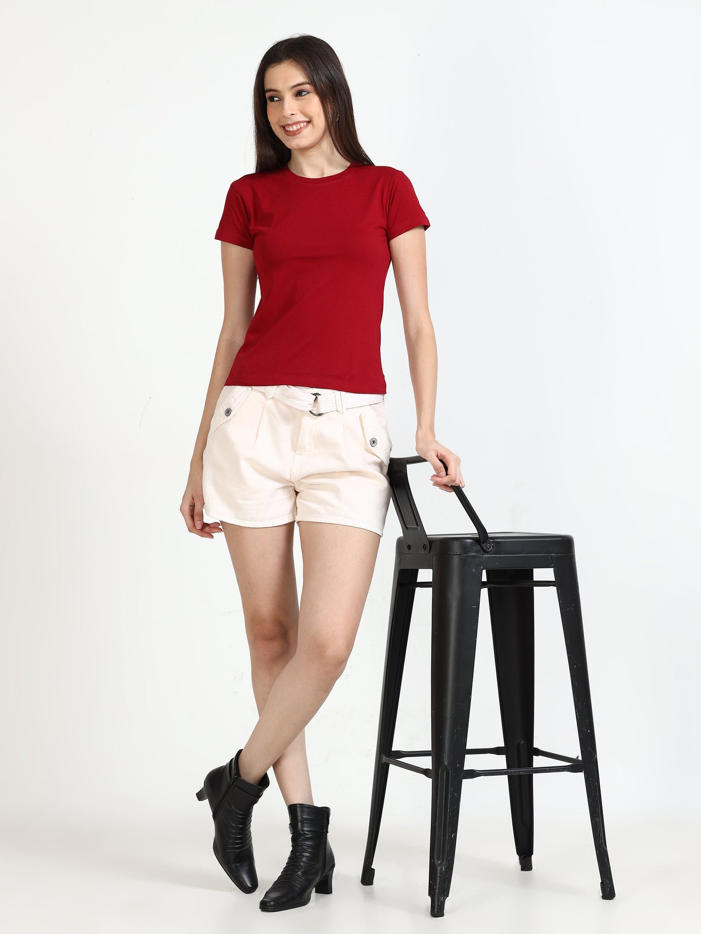 Women Crew Neck Solid Tee - Red