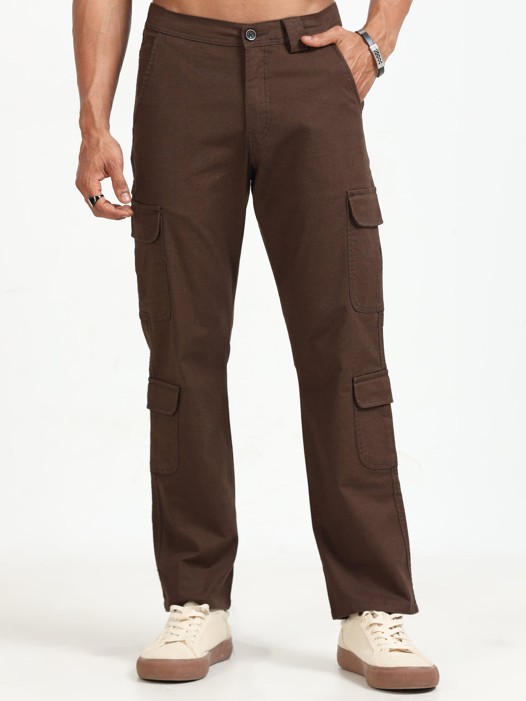Men Lazy Linen Cargo Trousers-Brown