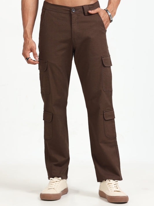 Men Lazy Linen Cargo Trousers-Brown