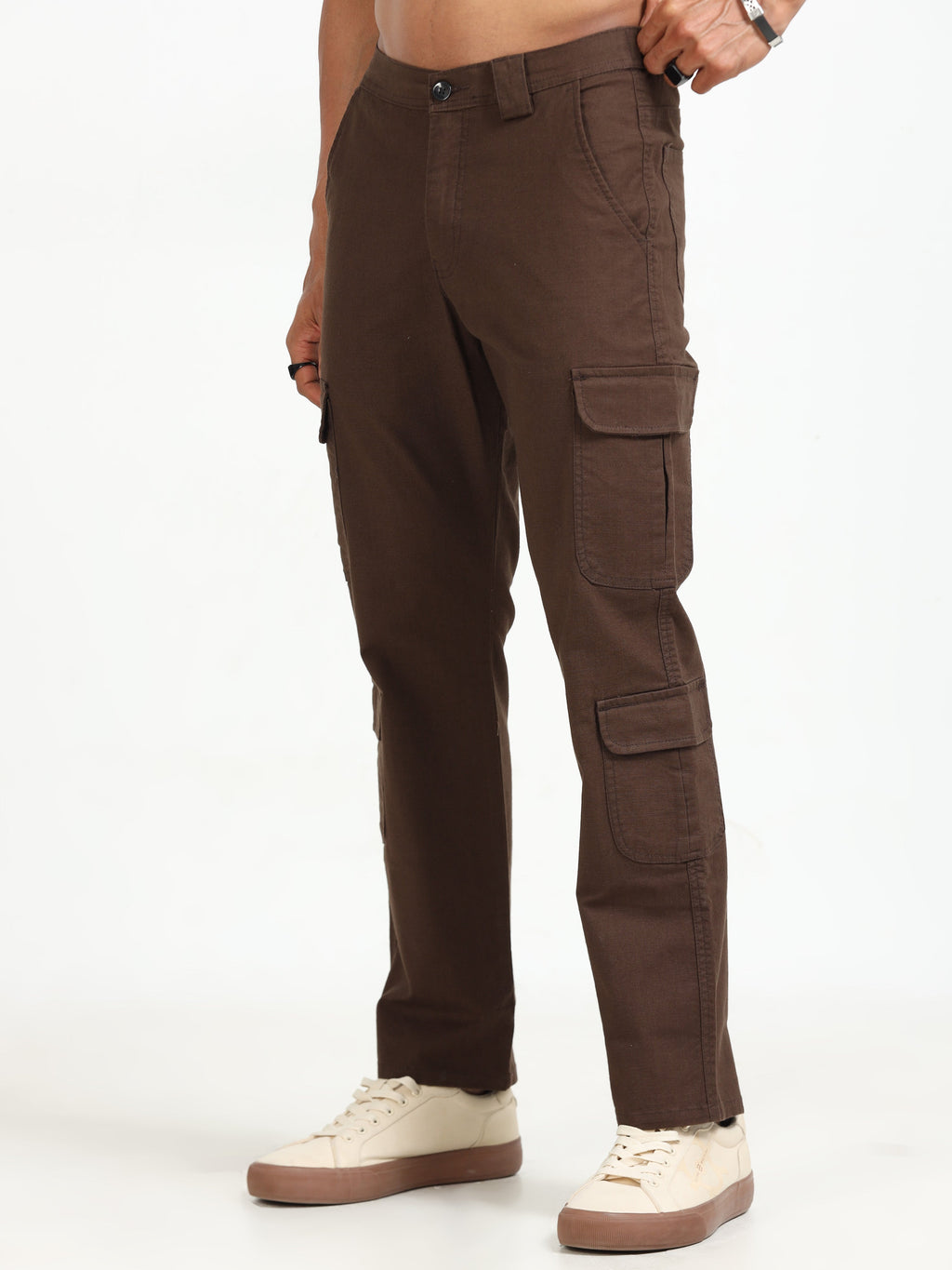 Men Lazy Linen Cargo Trousers-Brown