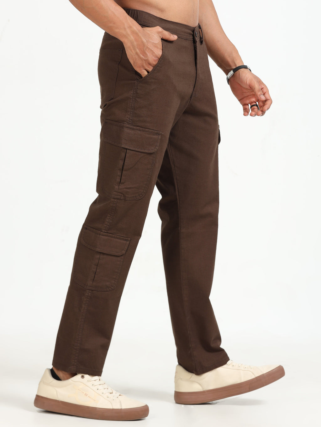 Men Lazy Linen Cargo Trousers-Brown