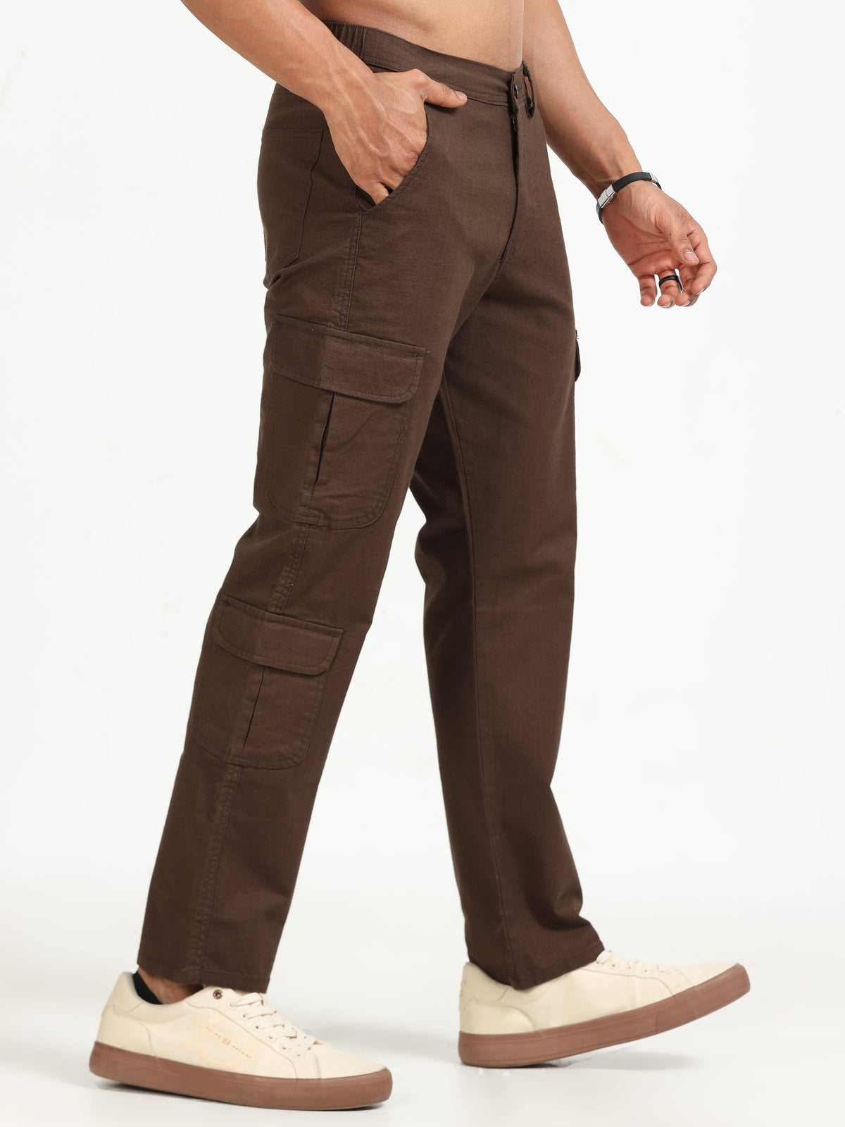 Men Lazy Linen Cargo Trousers-Brown