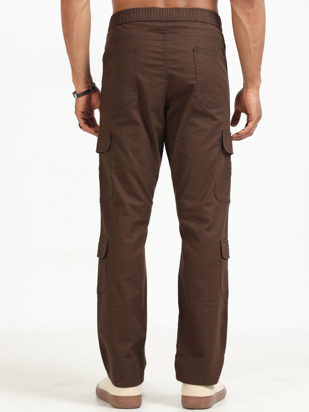 Men Lazy Linen Cargo Trousers-Brown