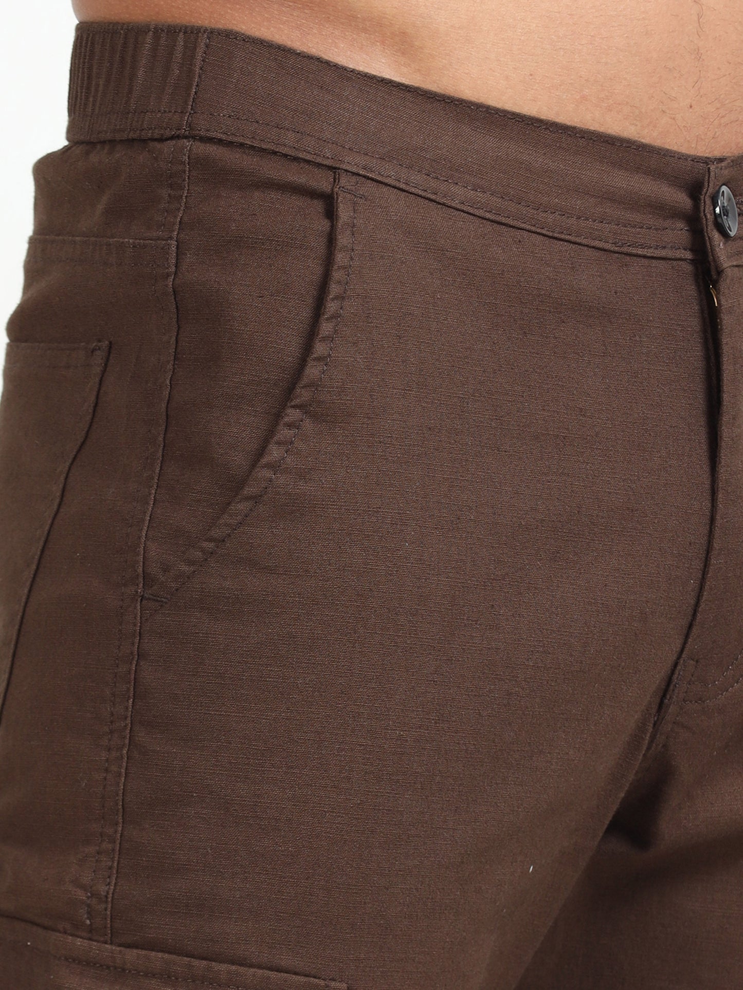 Men Lazy Linen Cargo Trousers-Brown