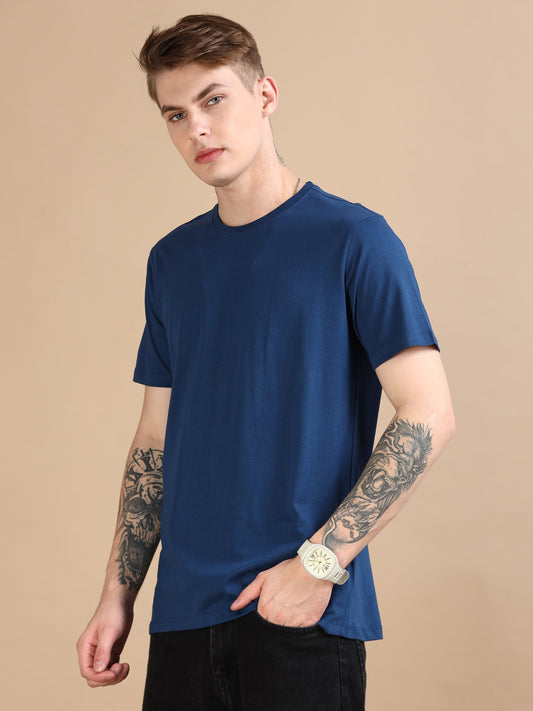 Crew Neck Men Solid T-Shirt - Navy