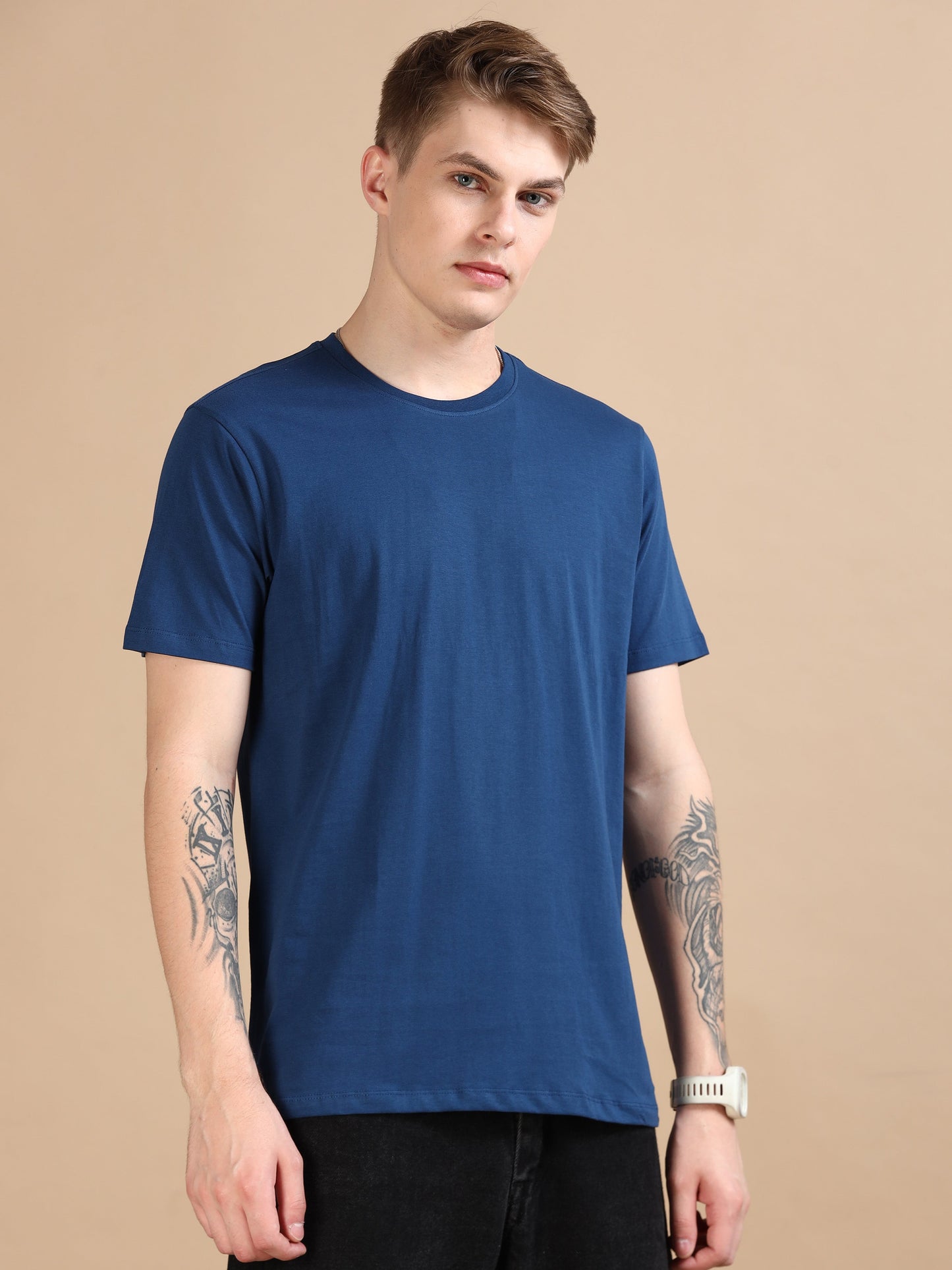 Crew Neck Men Solid T-Shirt - Navy