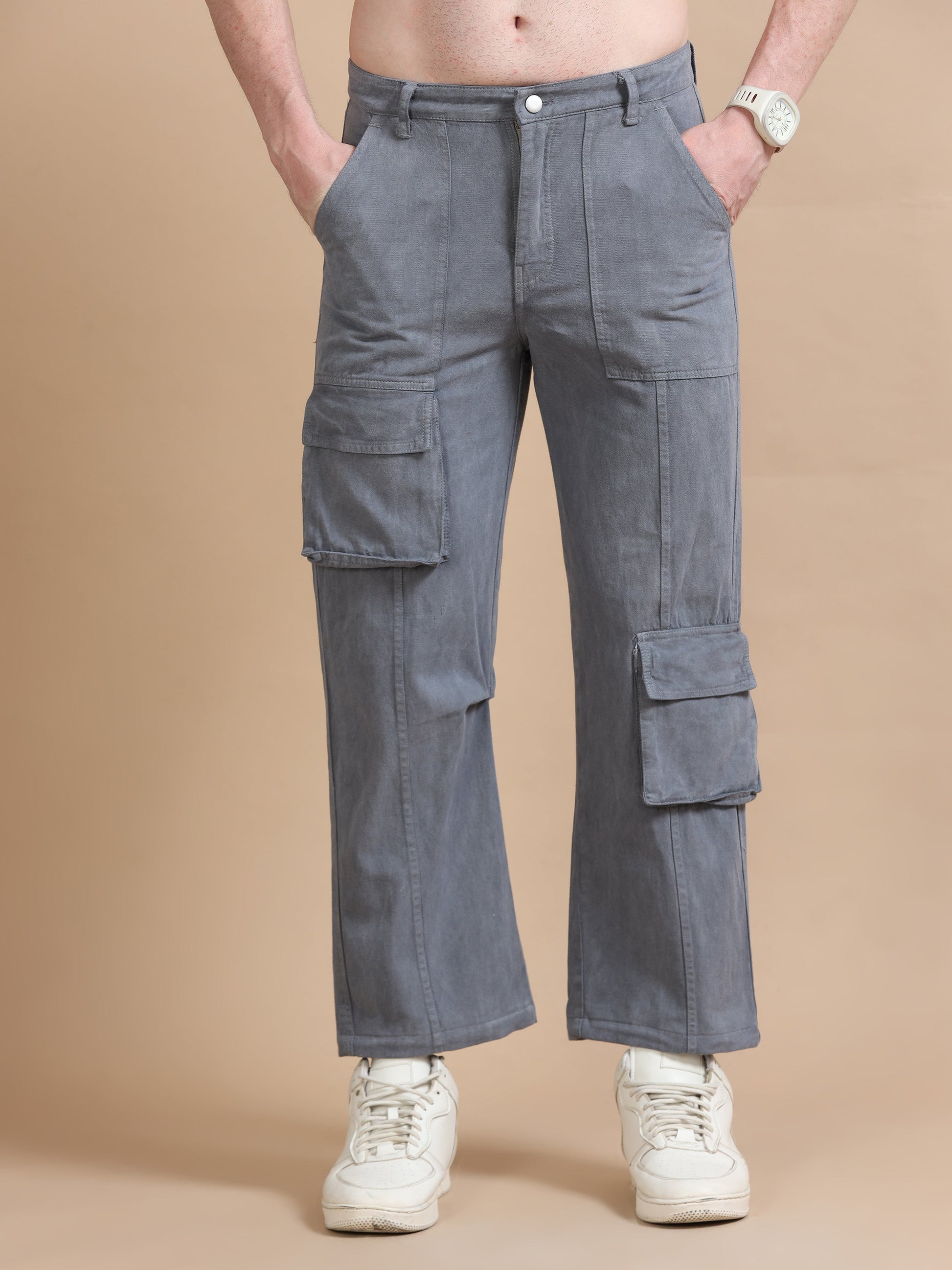 Men Plus Size Utility Denim Grey Cargo