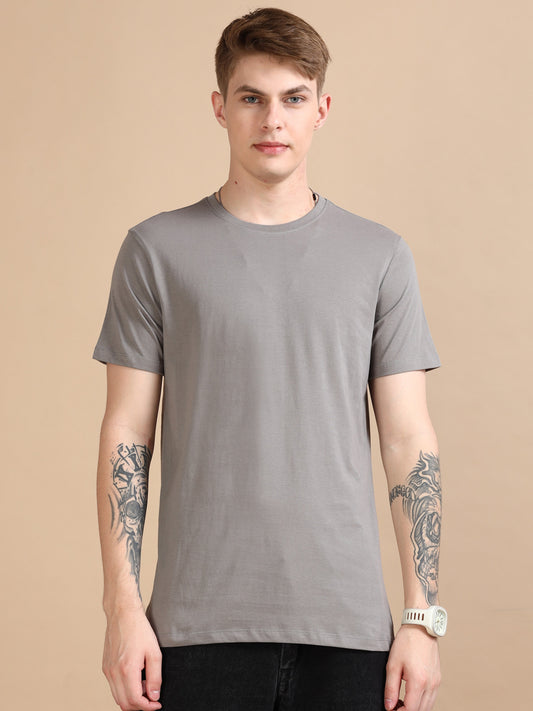 Crew Neck Men Solid T-Shirt - Grey
