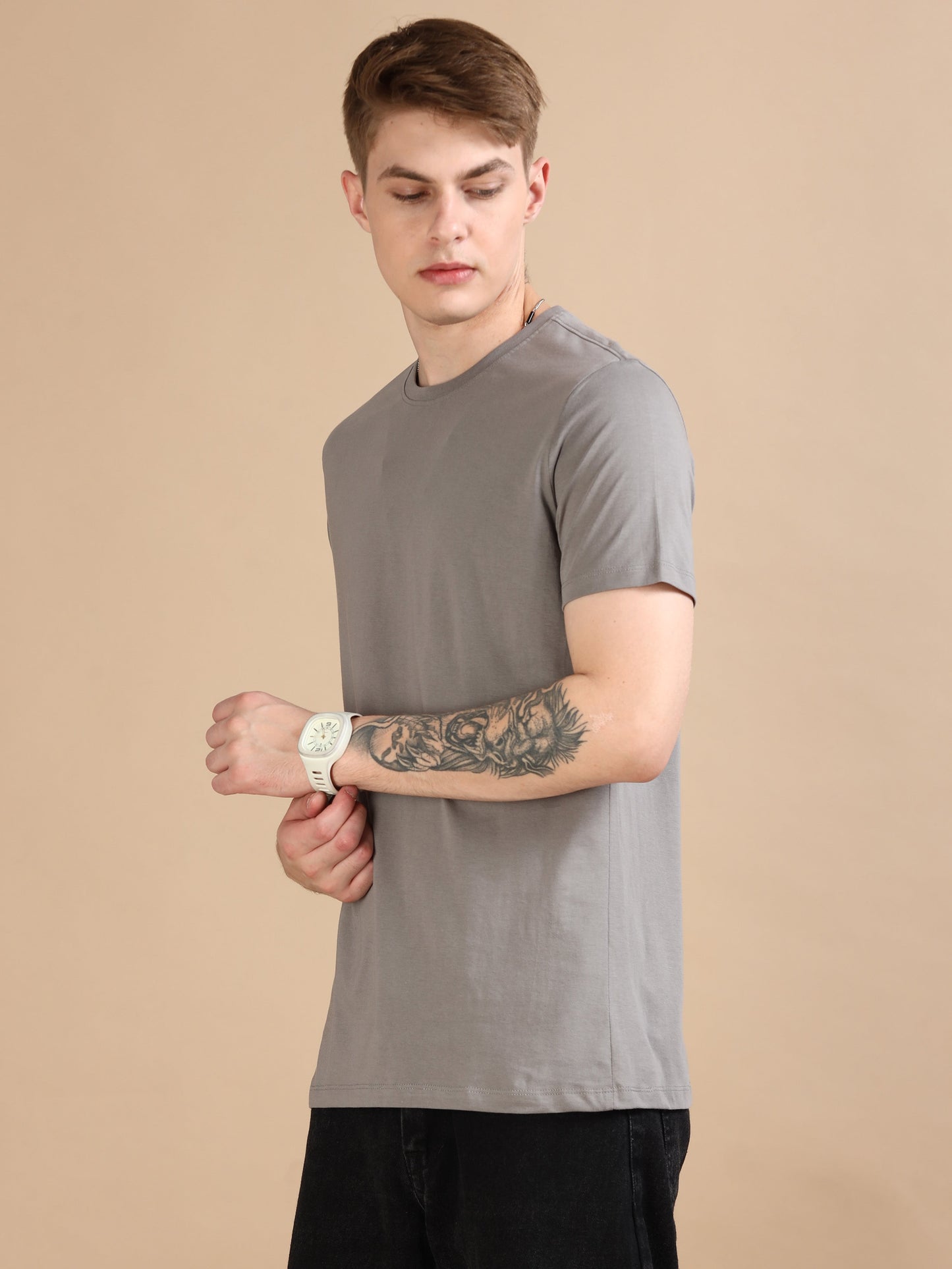Crew Neck Men Solid T-Shirt - Grey