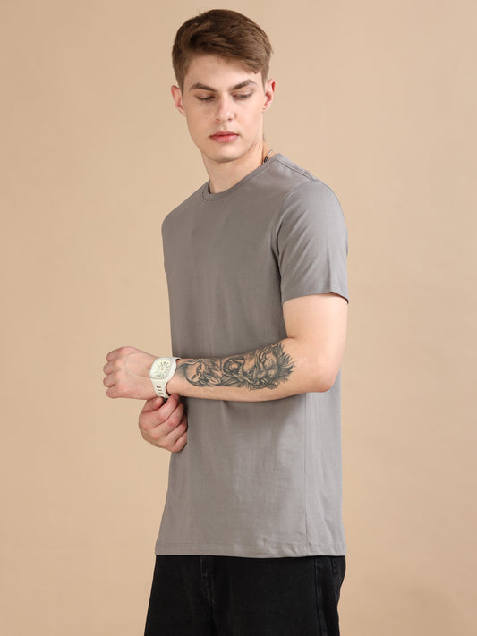 Crew Neck Men Solid T-Shirt - Grey