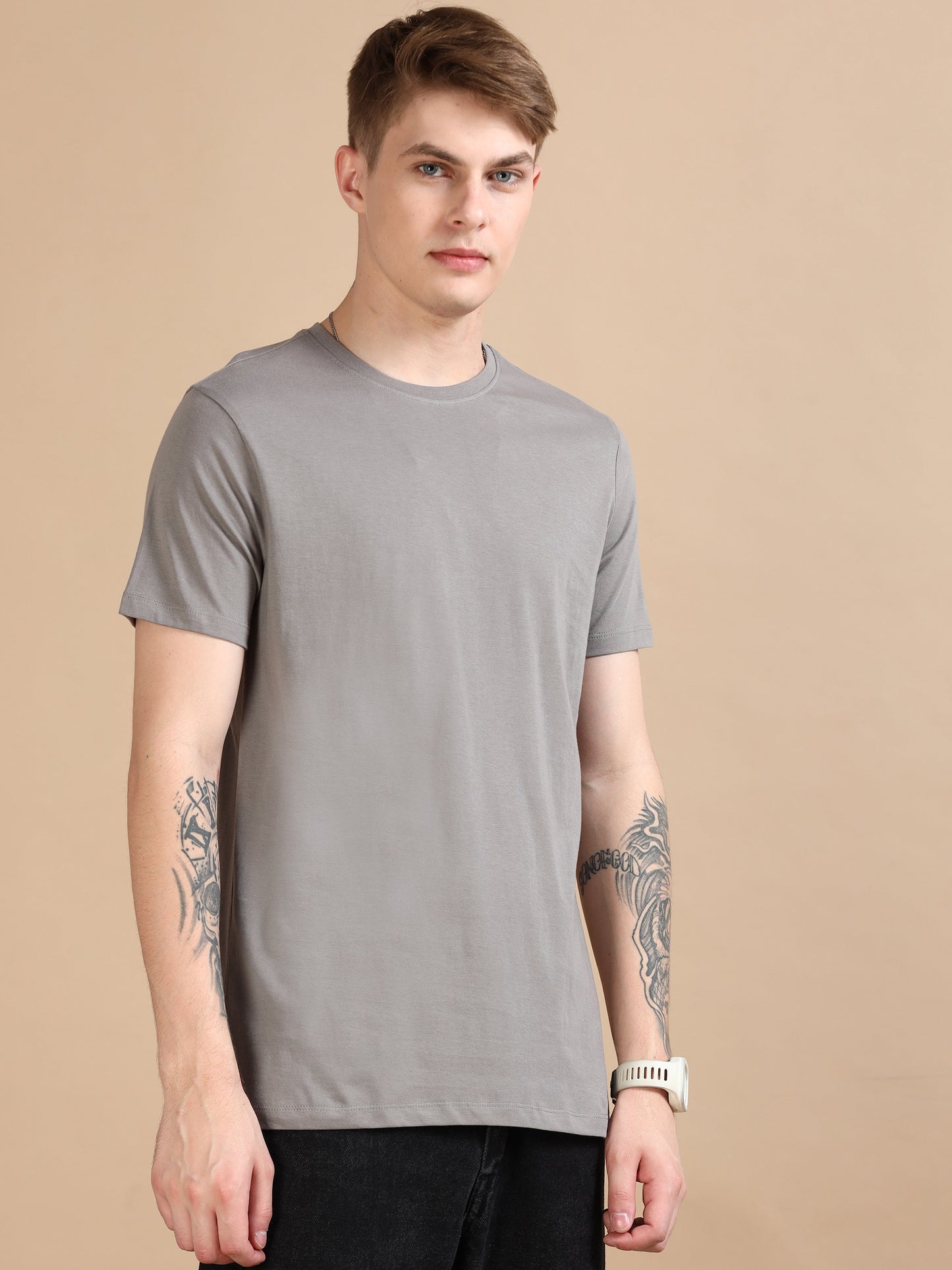 Crew Neck Men Solid T-Shirt - Grey
