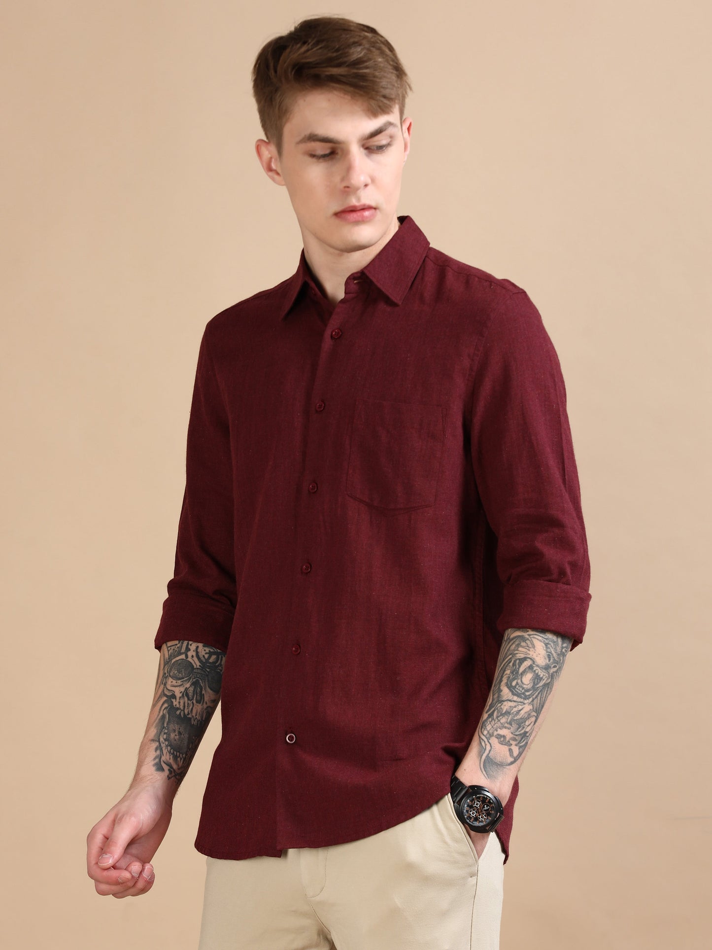 Men Classic Grey Maroon Shirt