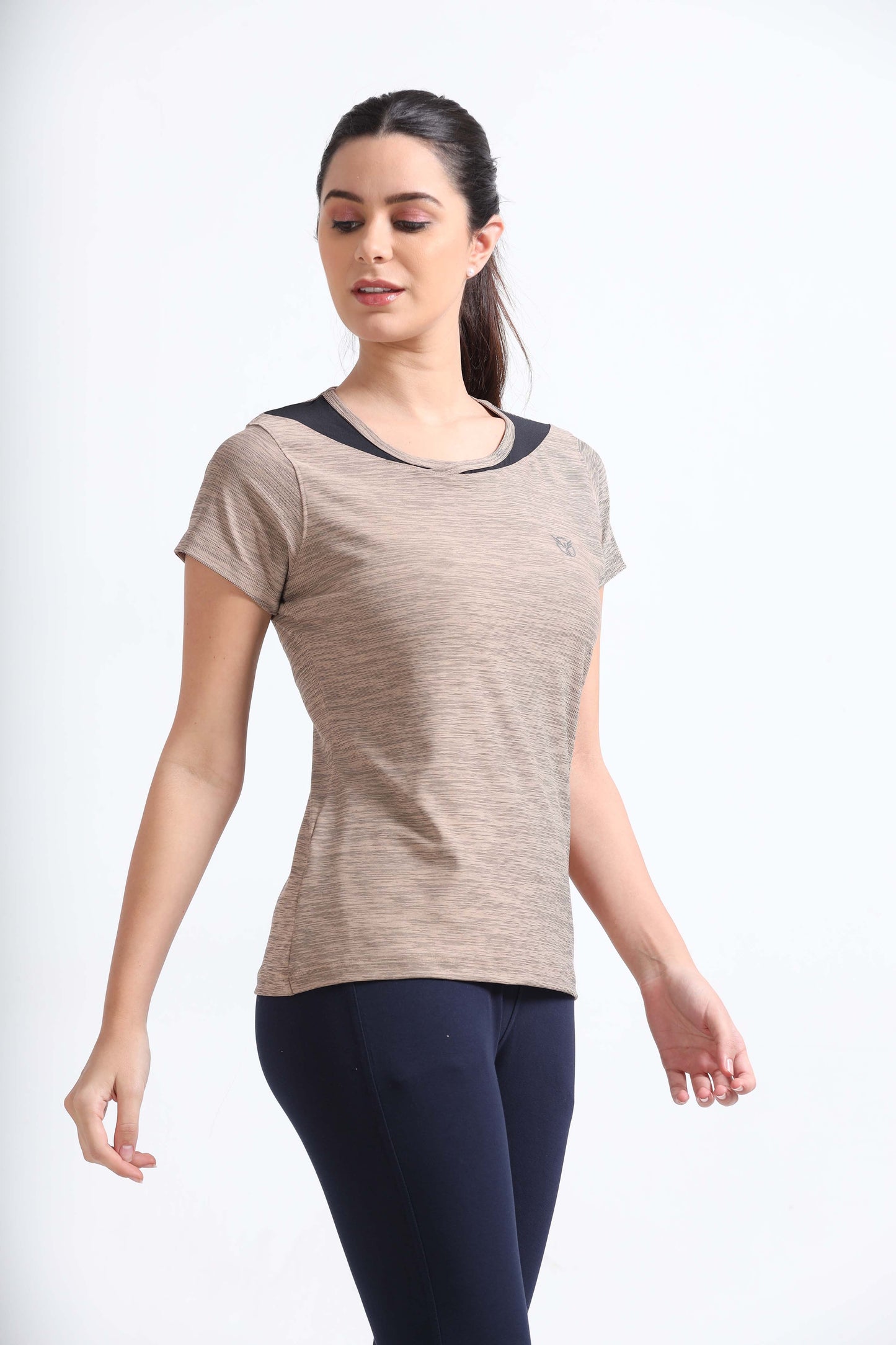 Activewear Warm Taupe Women Top - Overlap neck finish